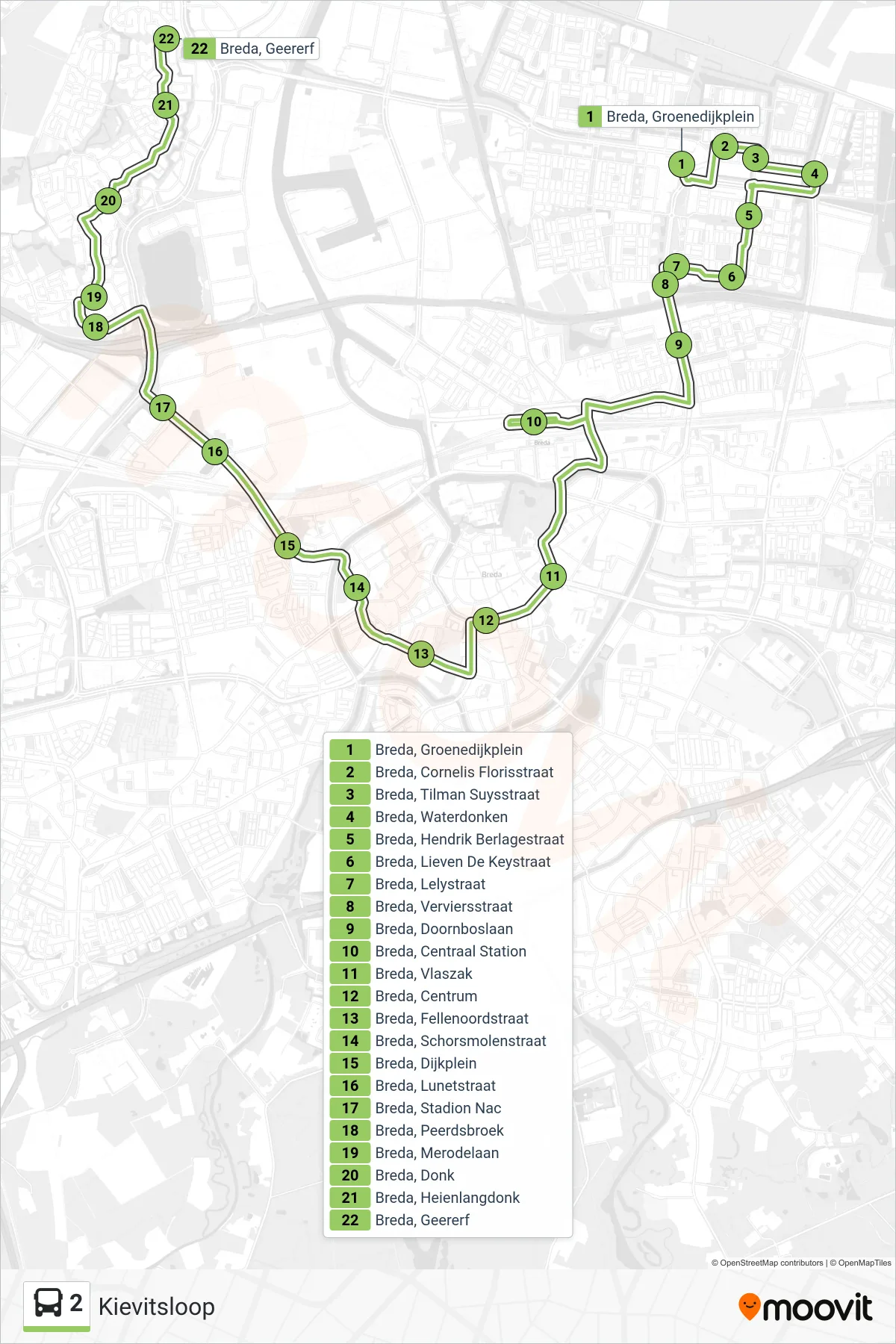 2 bus Line (Kievitsloop) route and stops on a map