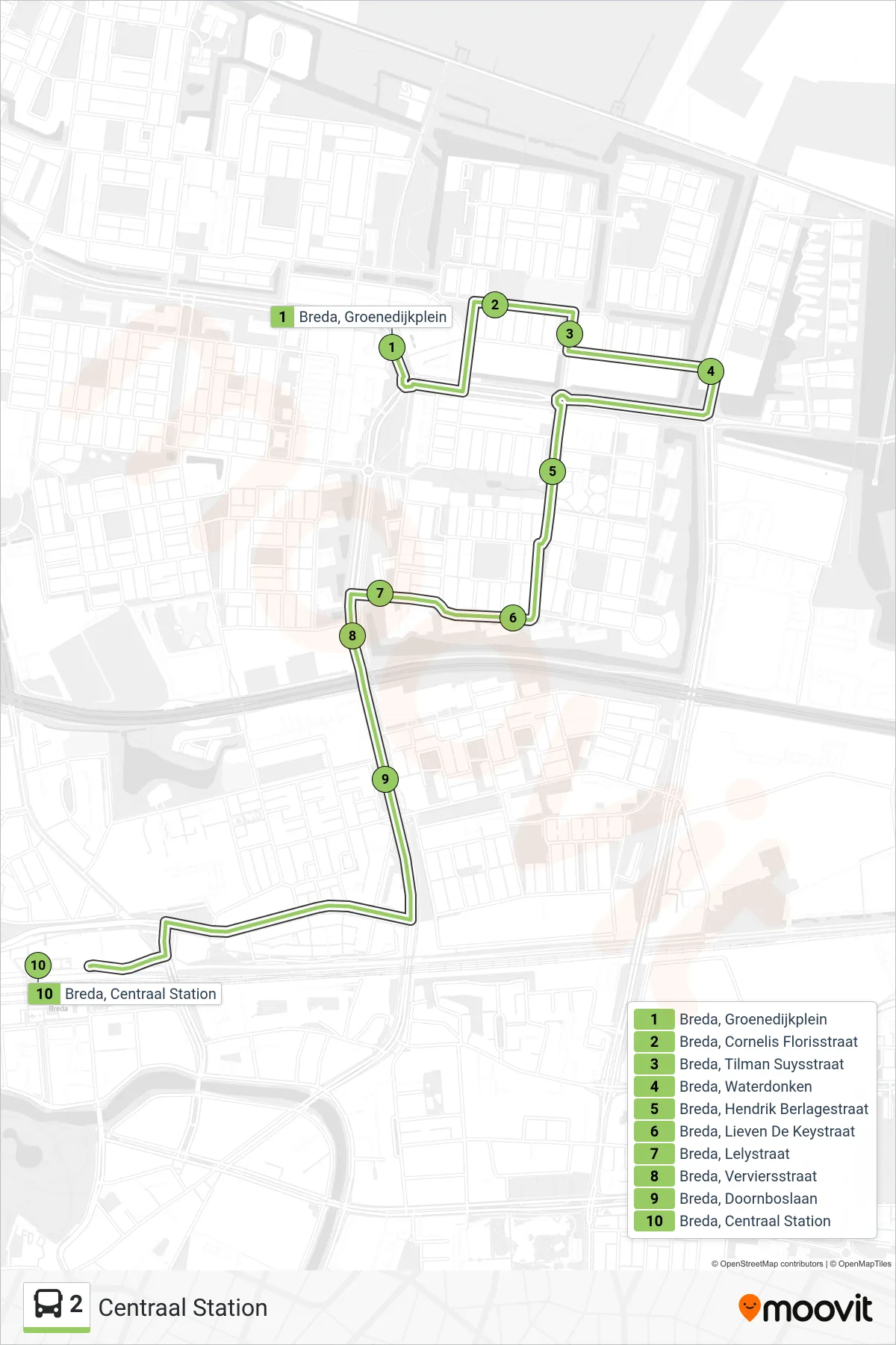 2 bus Line (Centraal Station) route and stops on a map