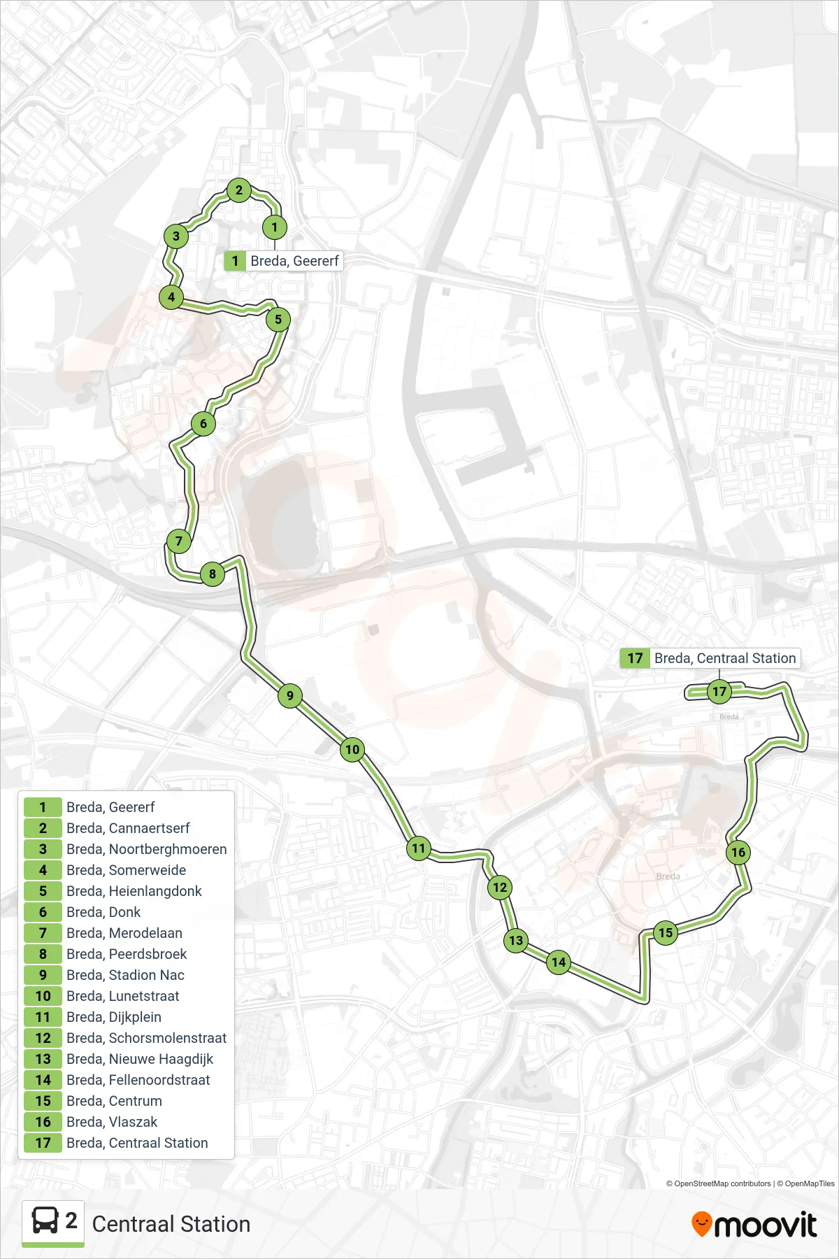 2 bus Line (Centraal Station) route and stops on a map