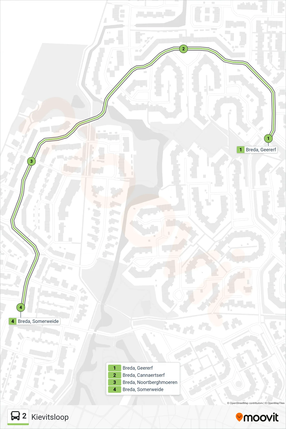 2 bus Line (Kievitsloop) route and stops on a map