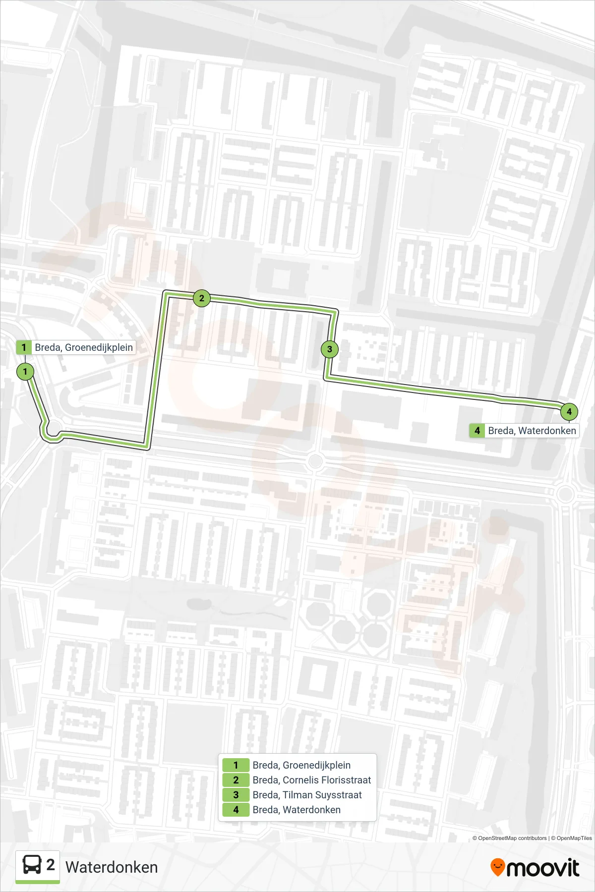 2 bus Line (Waterdonken) route and stops on a map