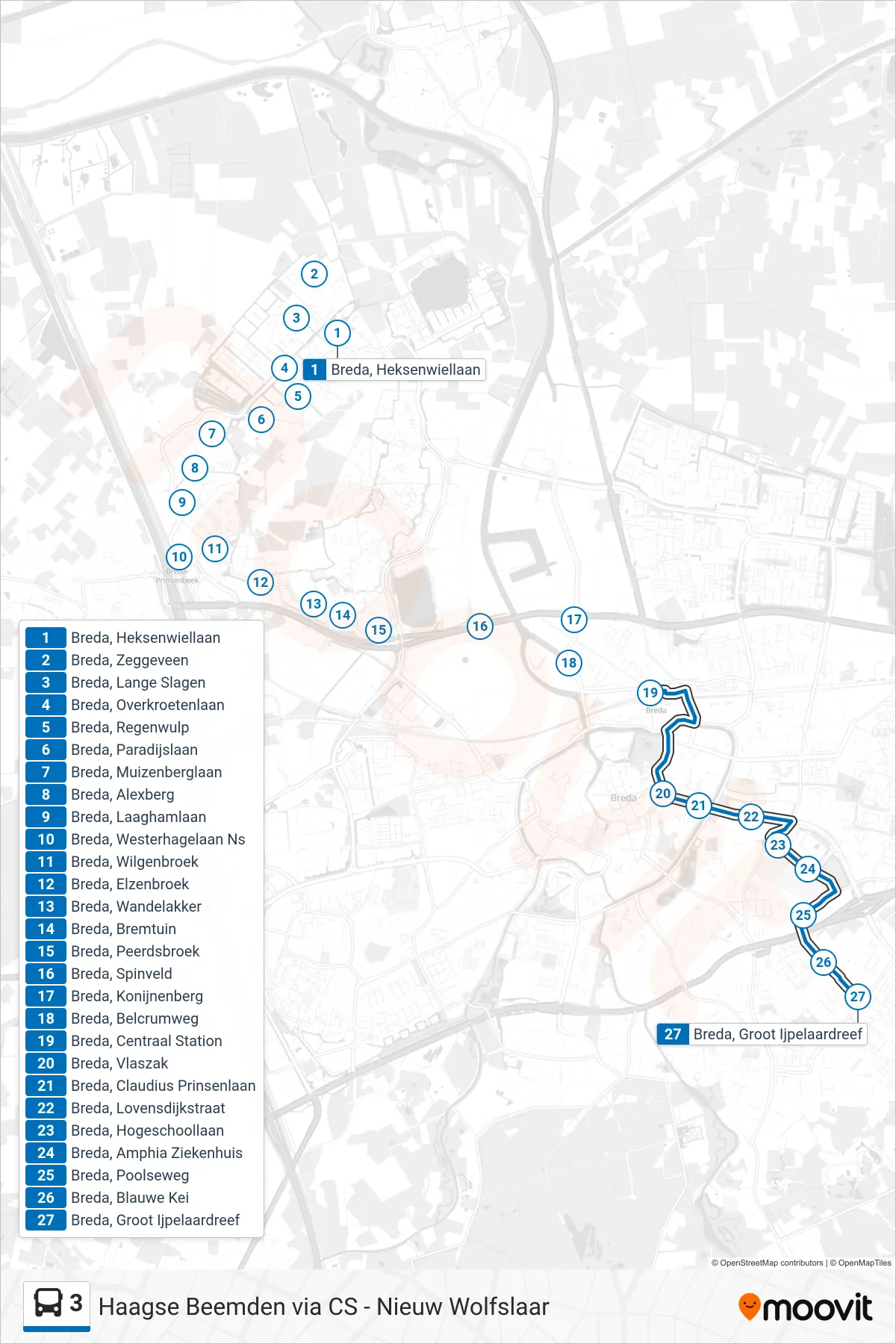 Lijn 3 (bus, Ijpelaar): route en haltes op de kaart