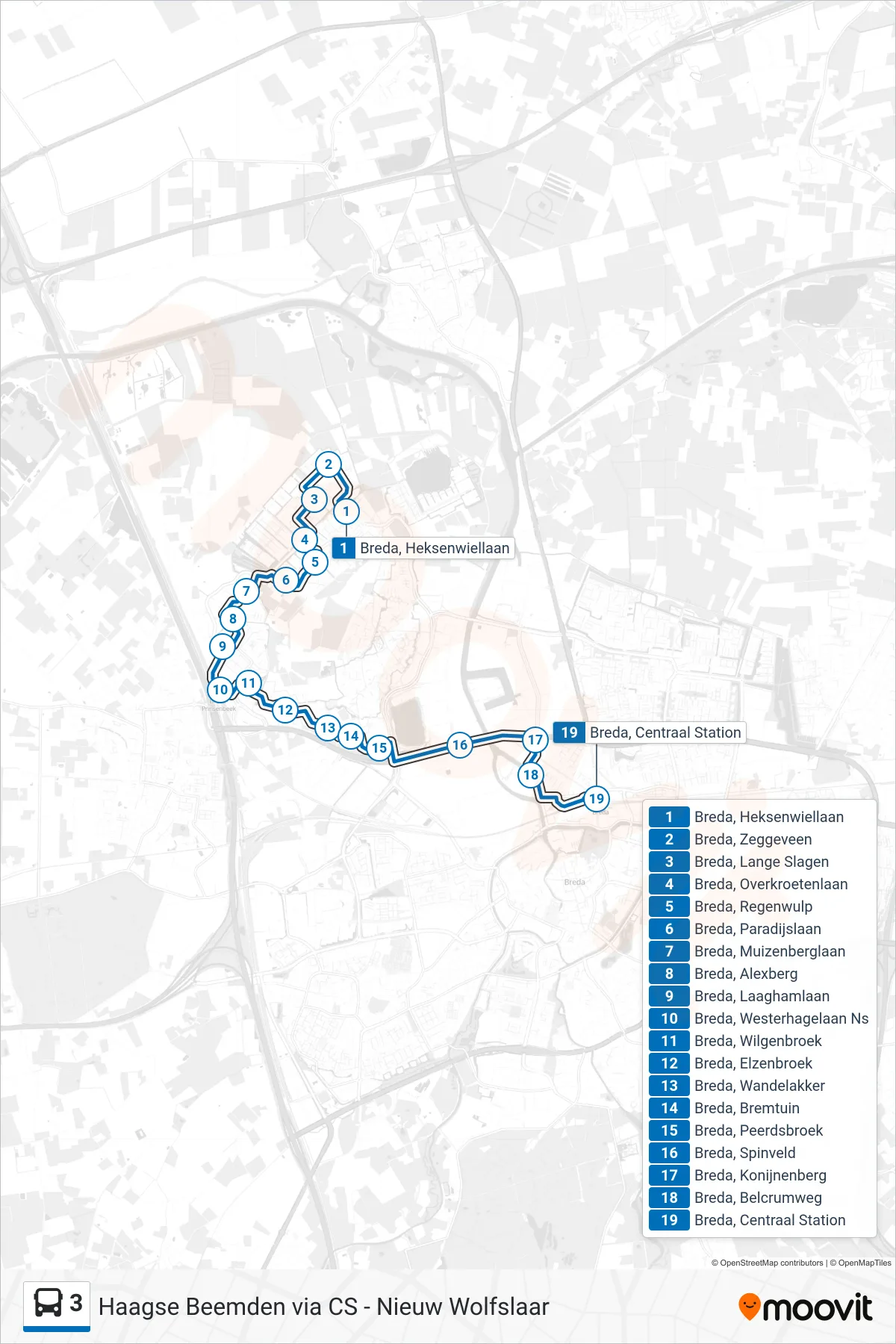 3 bus Line (Centraal Station) route and stops on a map