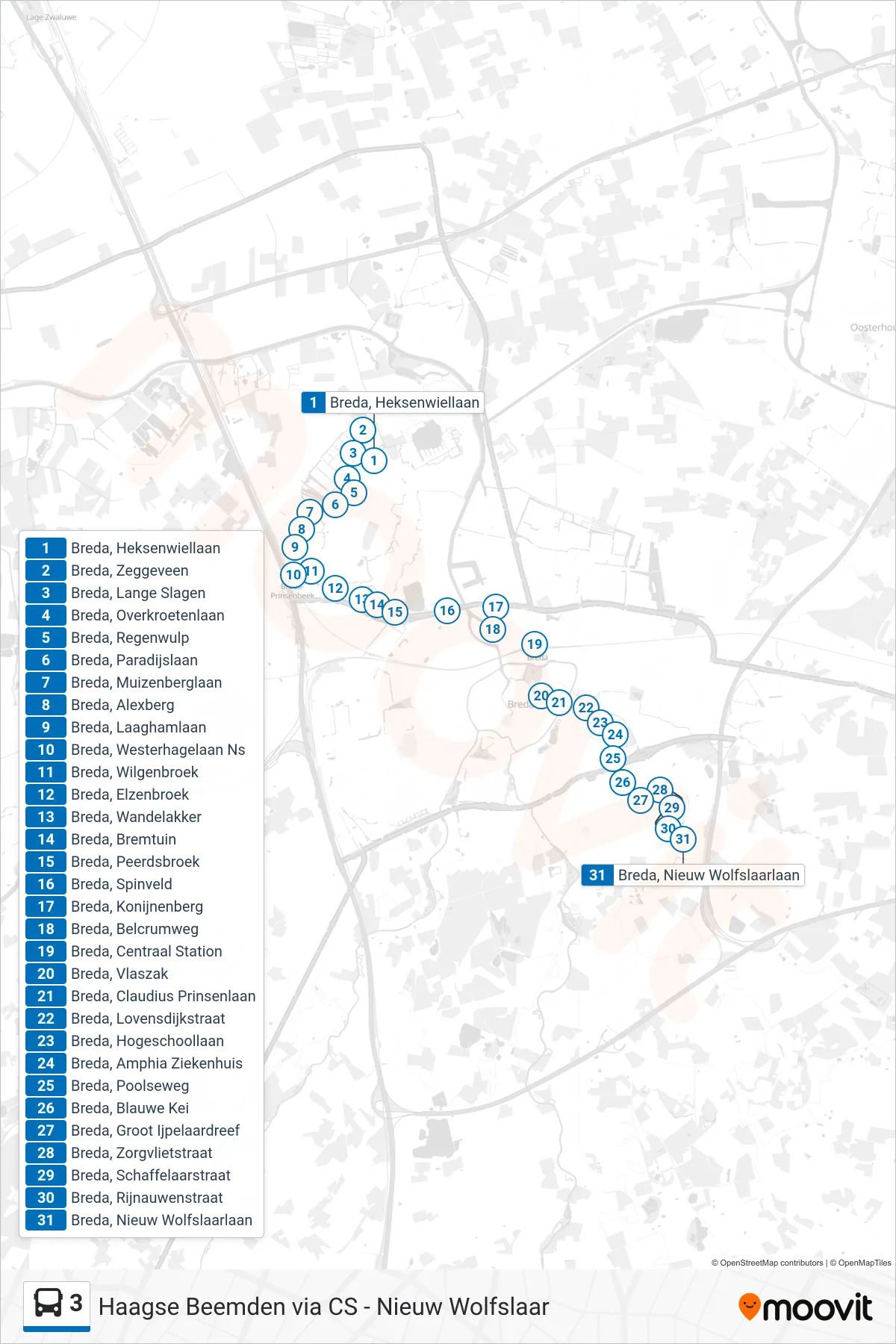 Lijn 3 (bus, Nieuw Wolfslaar): route en haltes op de kaart