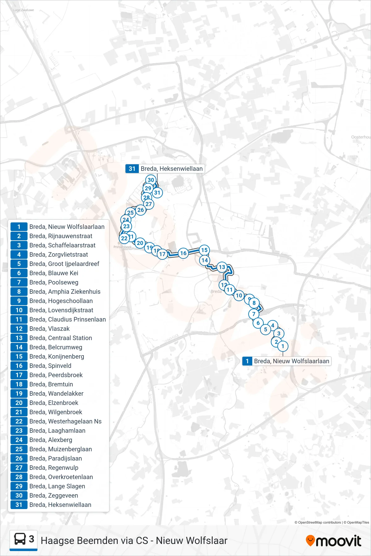 Lijn 3 (bus, Haagse Beemden): route en haltes op de kaart