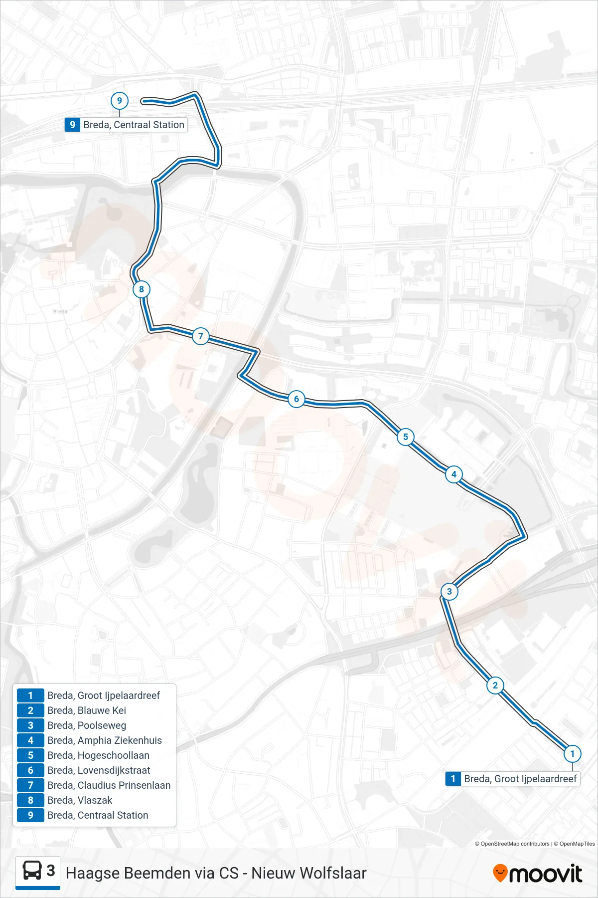 Lijn 3 (bus, Centraal Station): route en haltes op de kaart