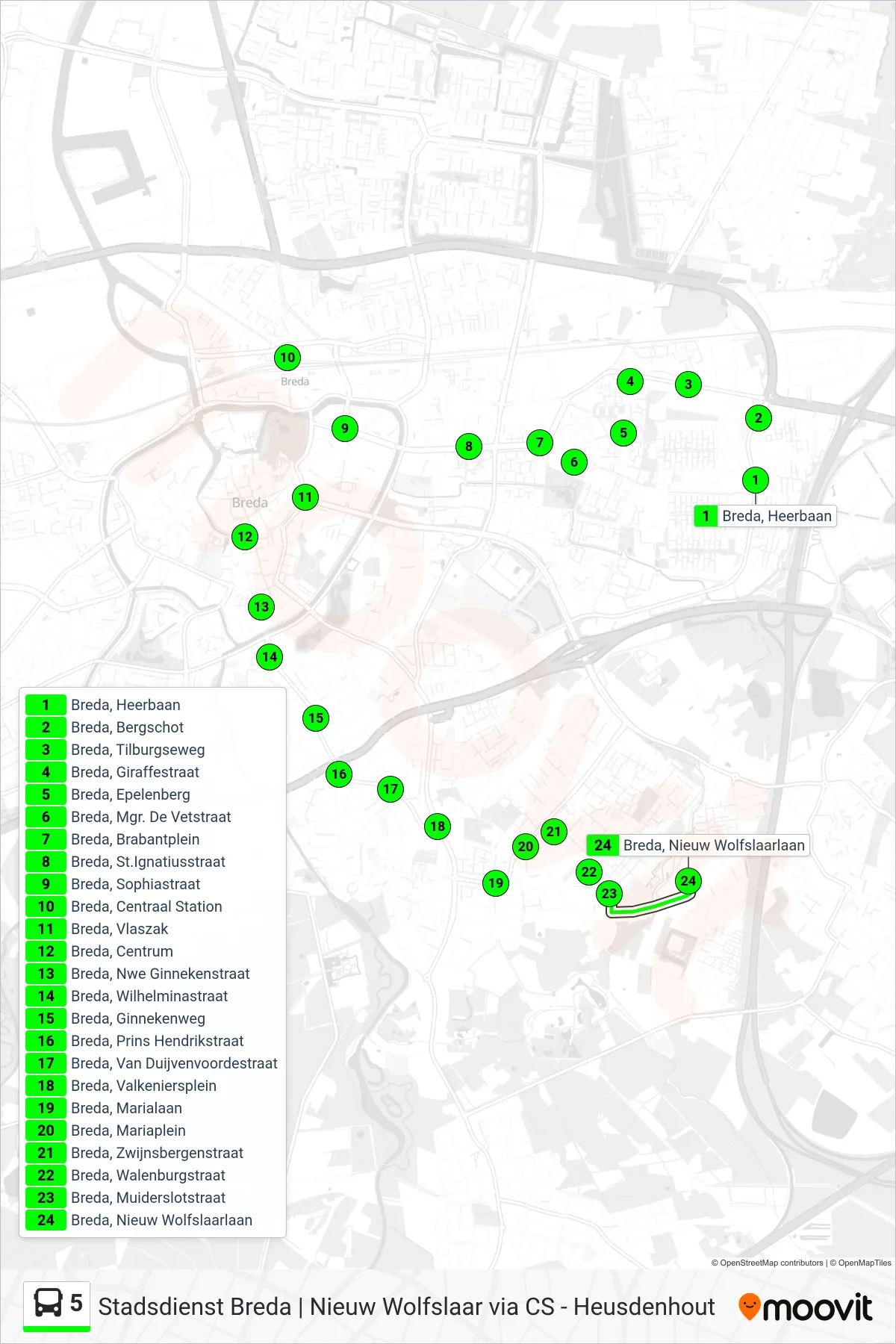 5 bus Line (Nieuw Wolfslaar) route and stops on a map