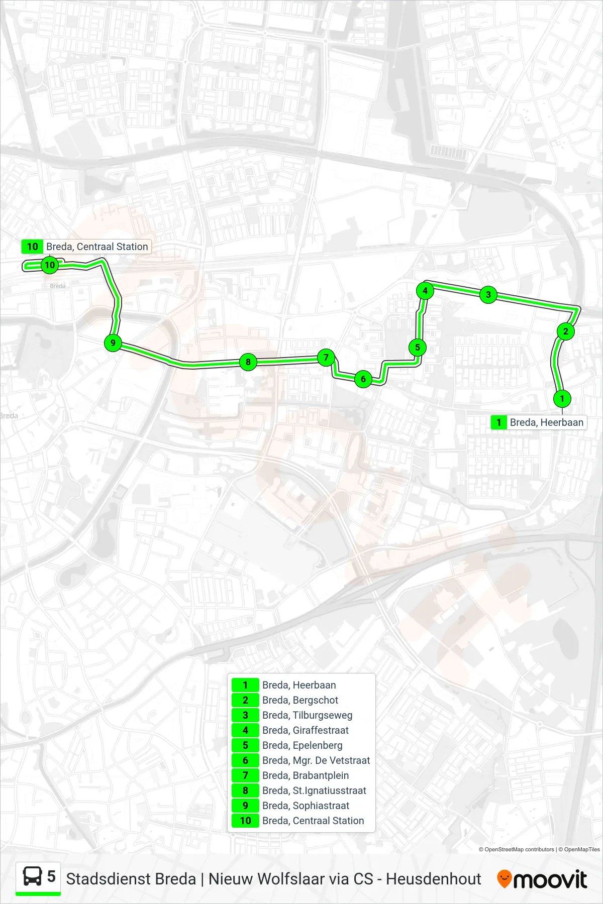 Lijn 5 (bus, Centraal Station): route en haltes op de kaart