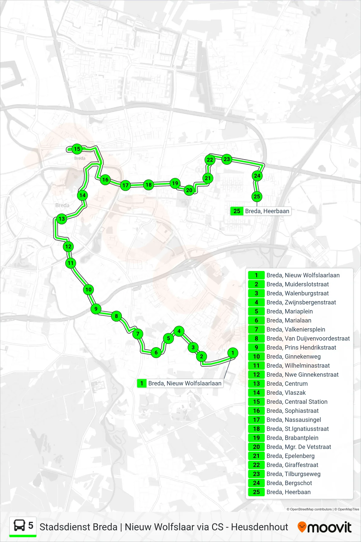 5 bus Line (Heusdenhout) route and stops on a map
