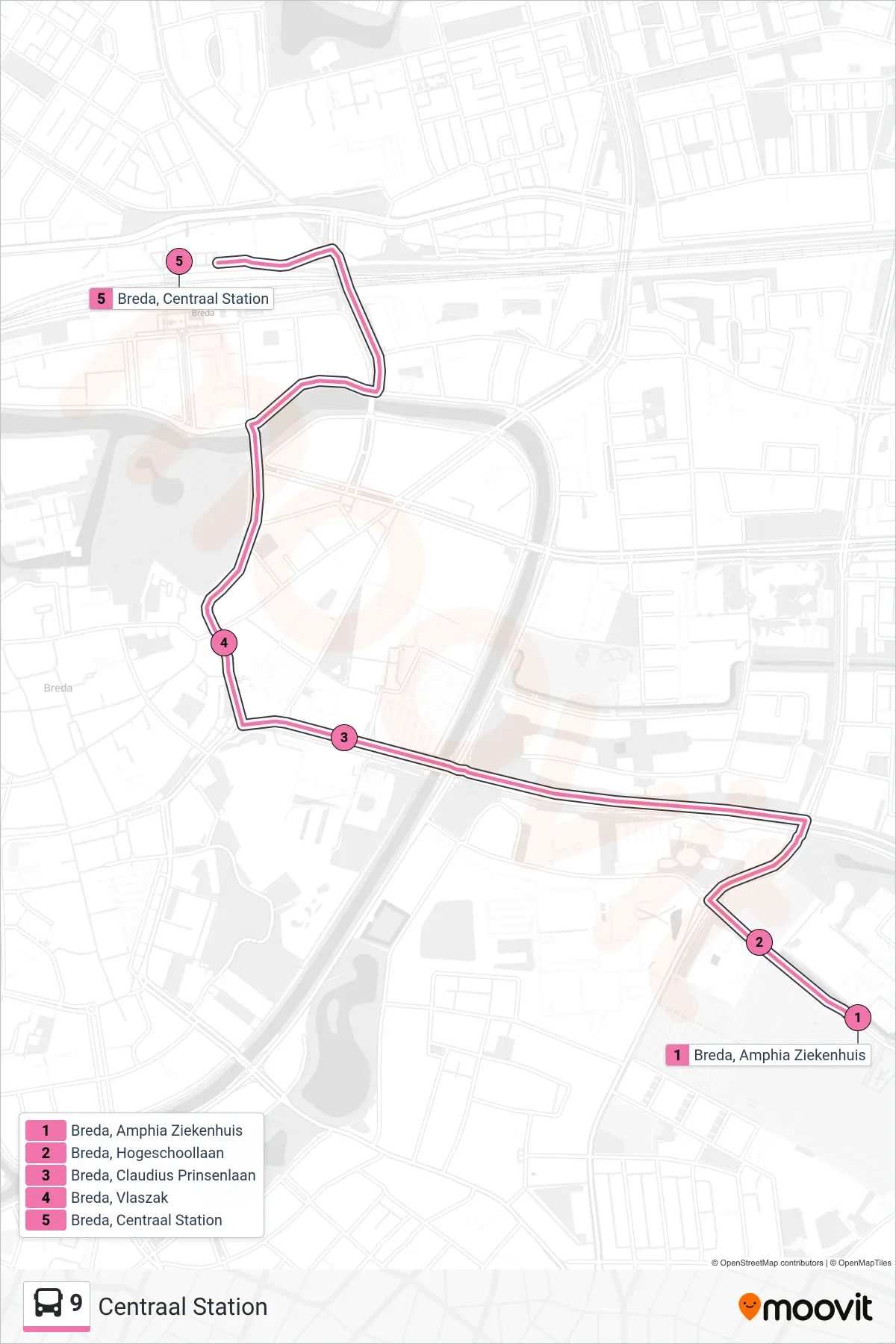 Lijn 9 (bus, Centraal Station): route en haltes op de kaart