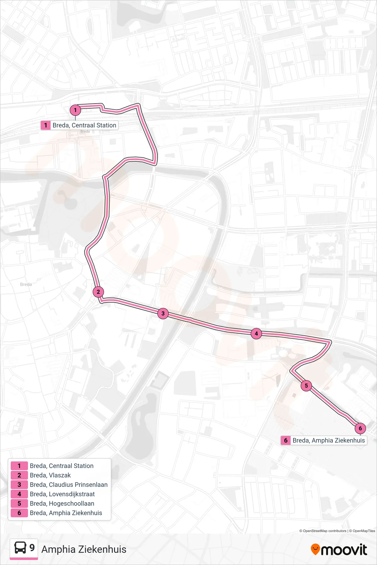 Lijn 9 (bus, Amphia Ziekenhuis): route en haltes op de kaart