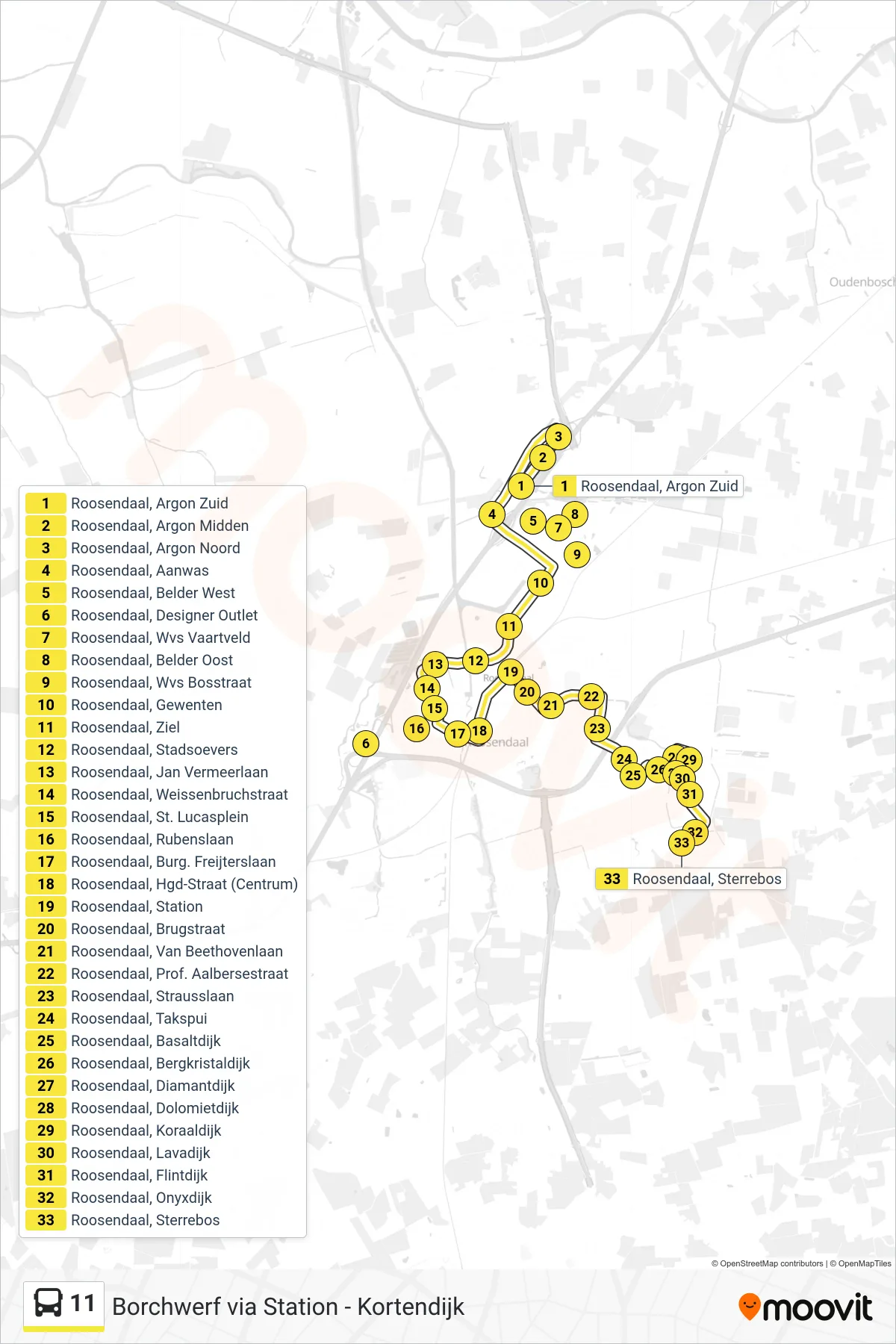 Lijn 11 (bus, Kortendijk): route en haltes op de kaart