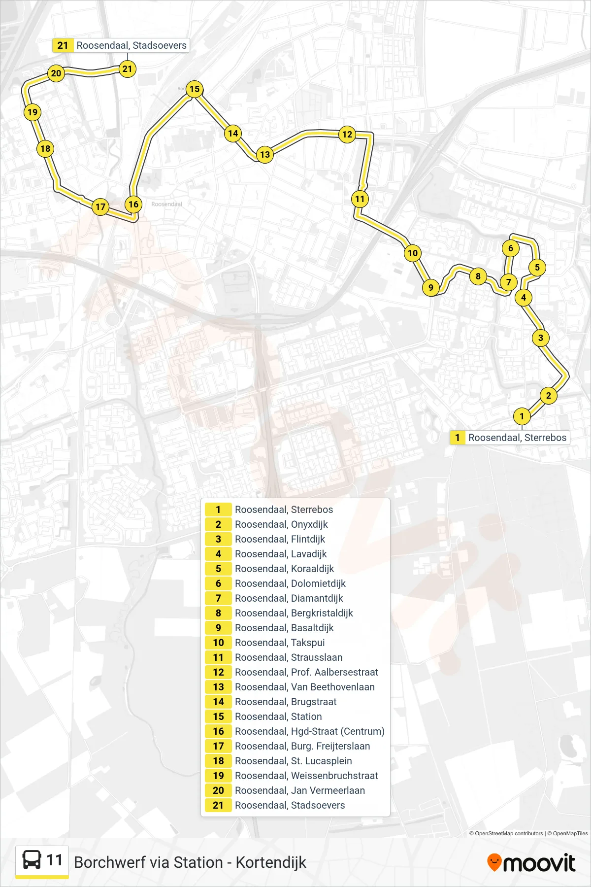 11 bus Line (Stadsoevers) route and stops on a map