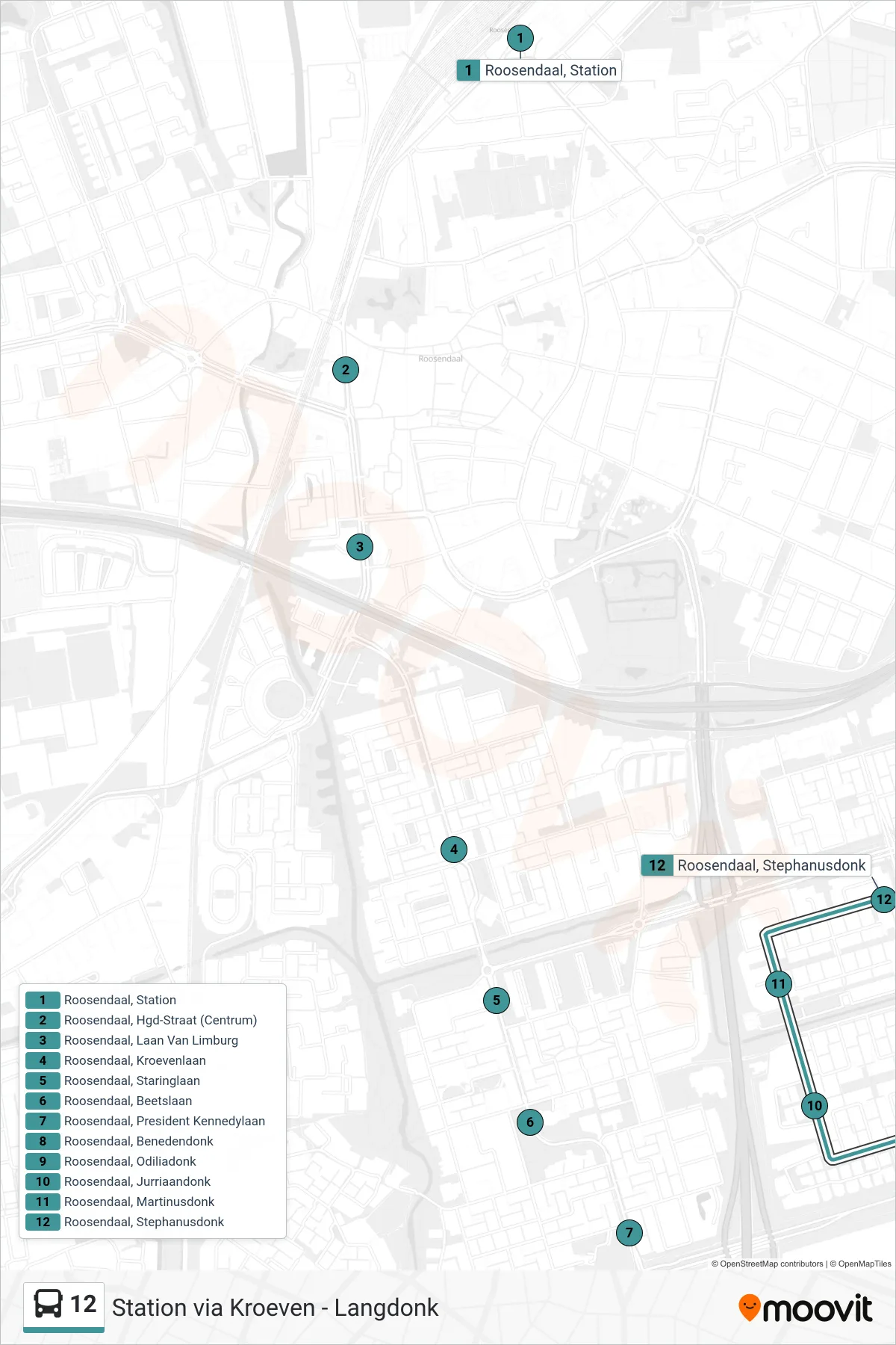 Lijn 12 (bus, Langdonk): route en haltes op de kaart