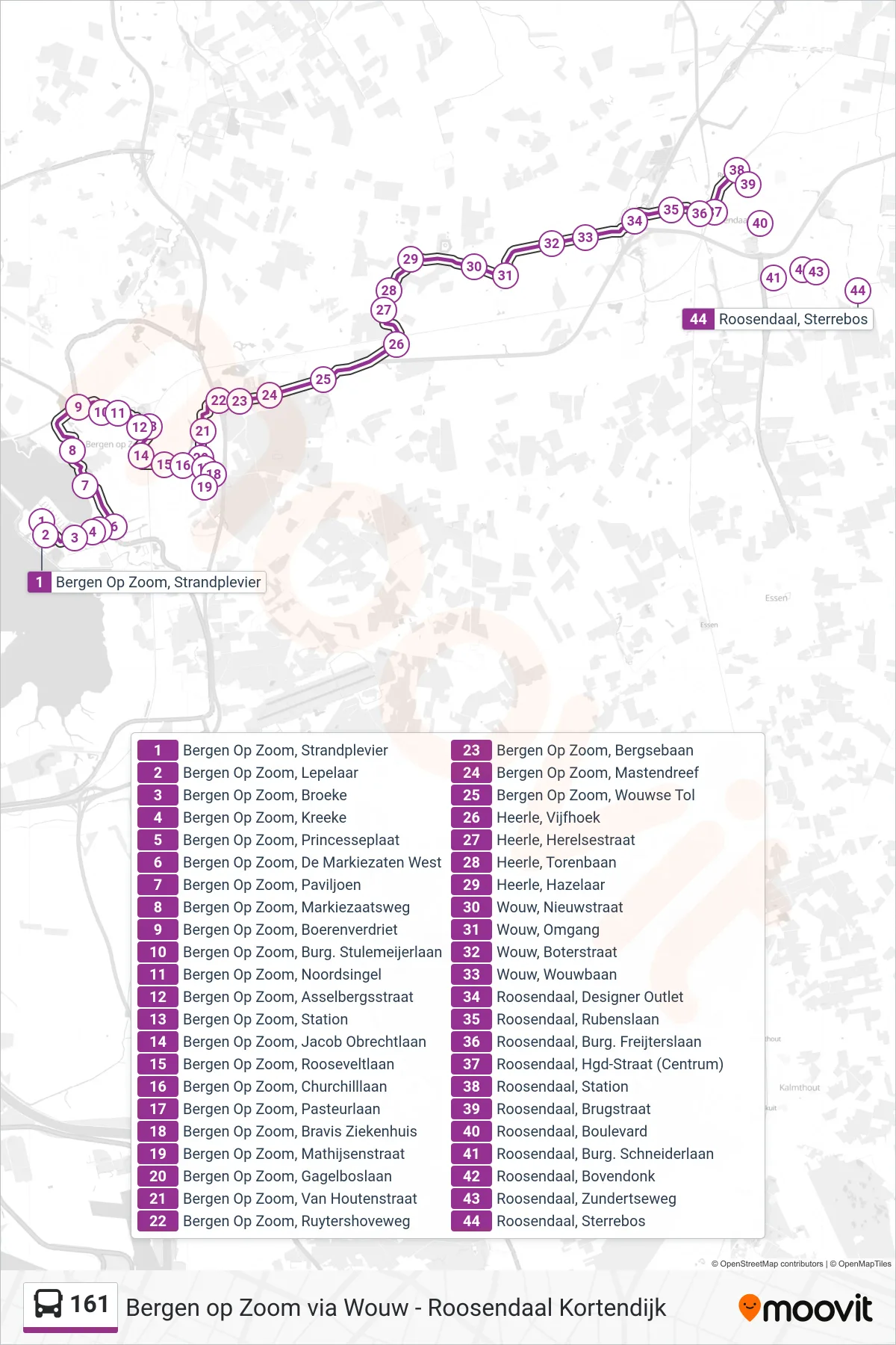 161 bus Line (Roosendaal) route and stops on a map