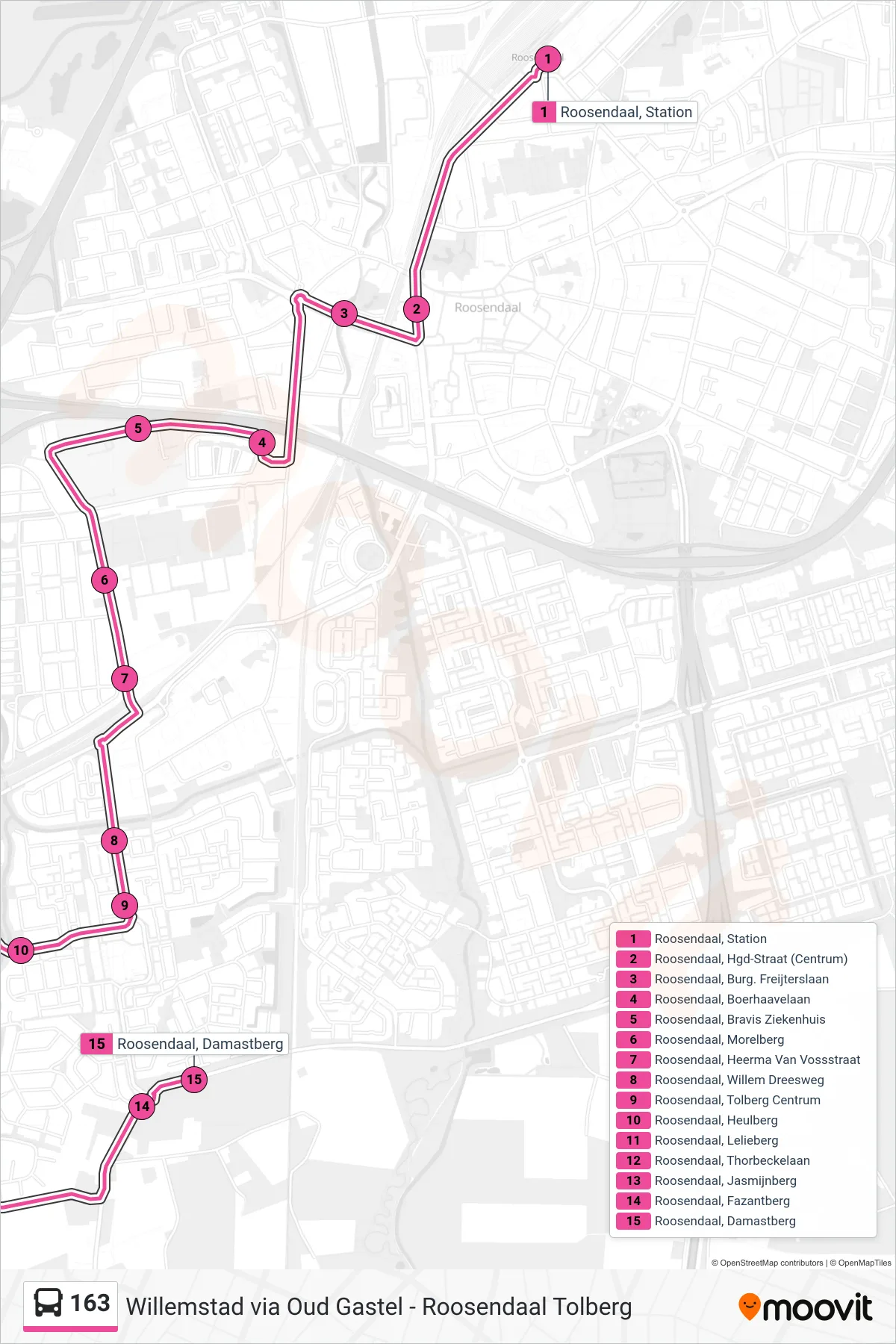 Lijn 163 (bus, Tolberg West): route en haltes op de kaart