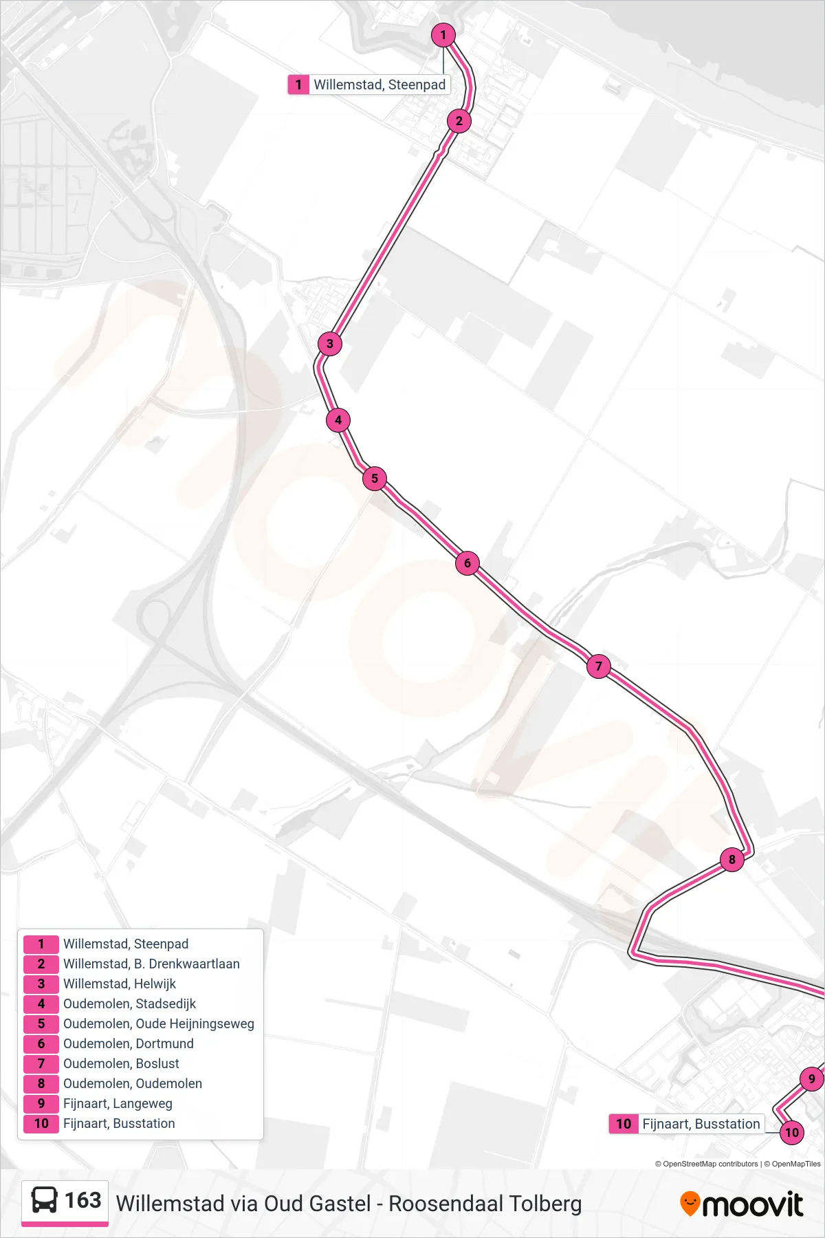 163 bus Line (Fijnaart) route and stops on a map