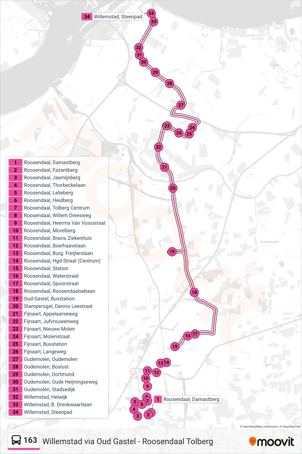 163 bus Line (Willemstad) route and stops on a map