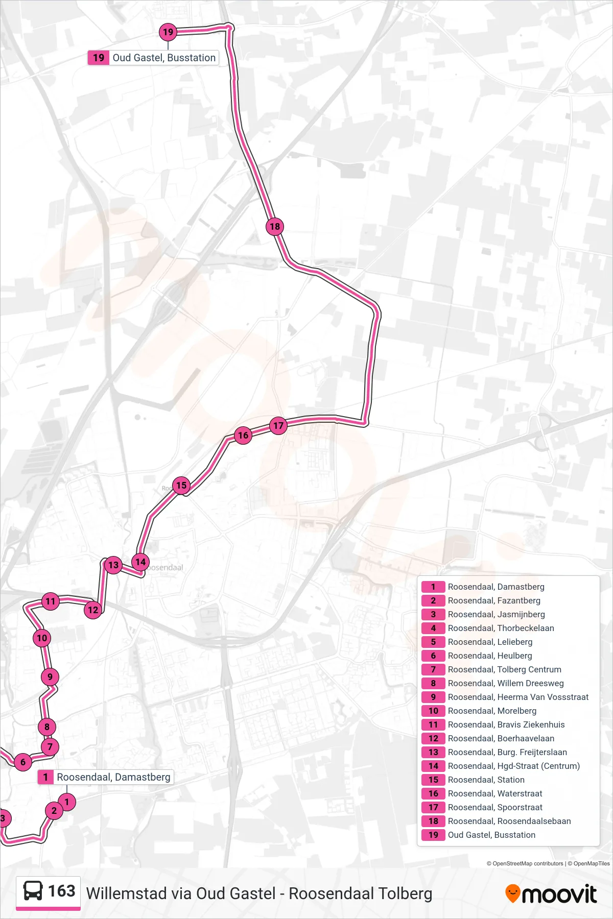 163 bus Line (Oud Gastel) route and stops on a map