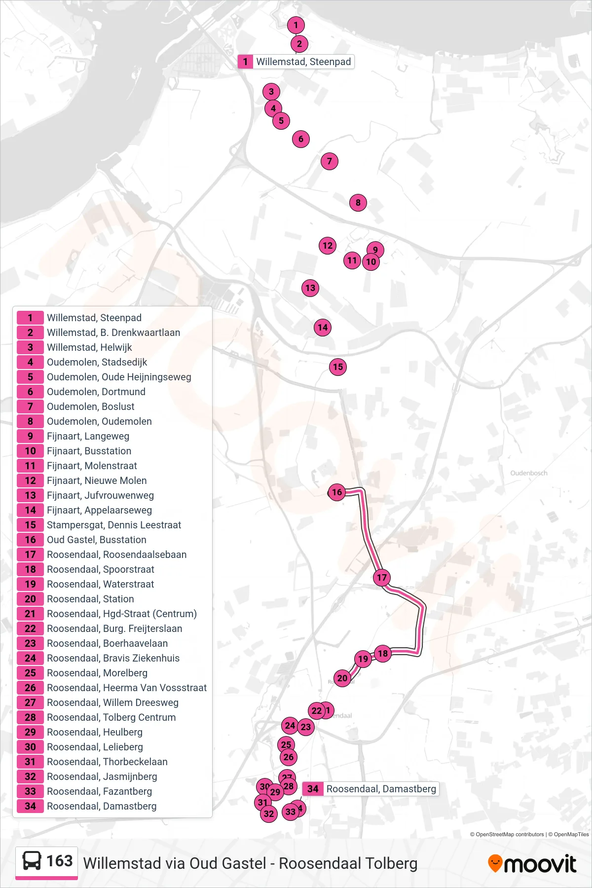 Lijn 163 (bus, Roosendaal): route en haltes op de kaart