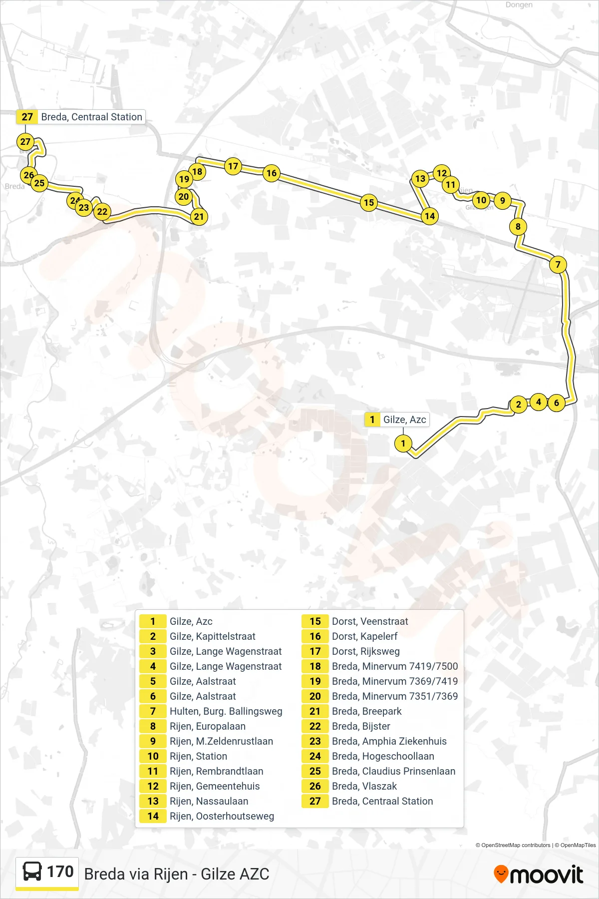 170 bus Line (Breda) route and stops on a map