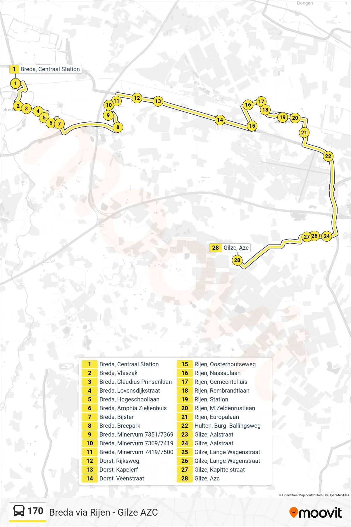 170 bus Line (Gilze Azc) route and stops on a map