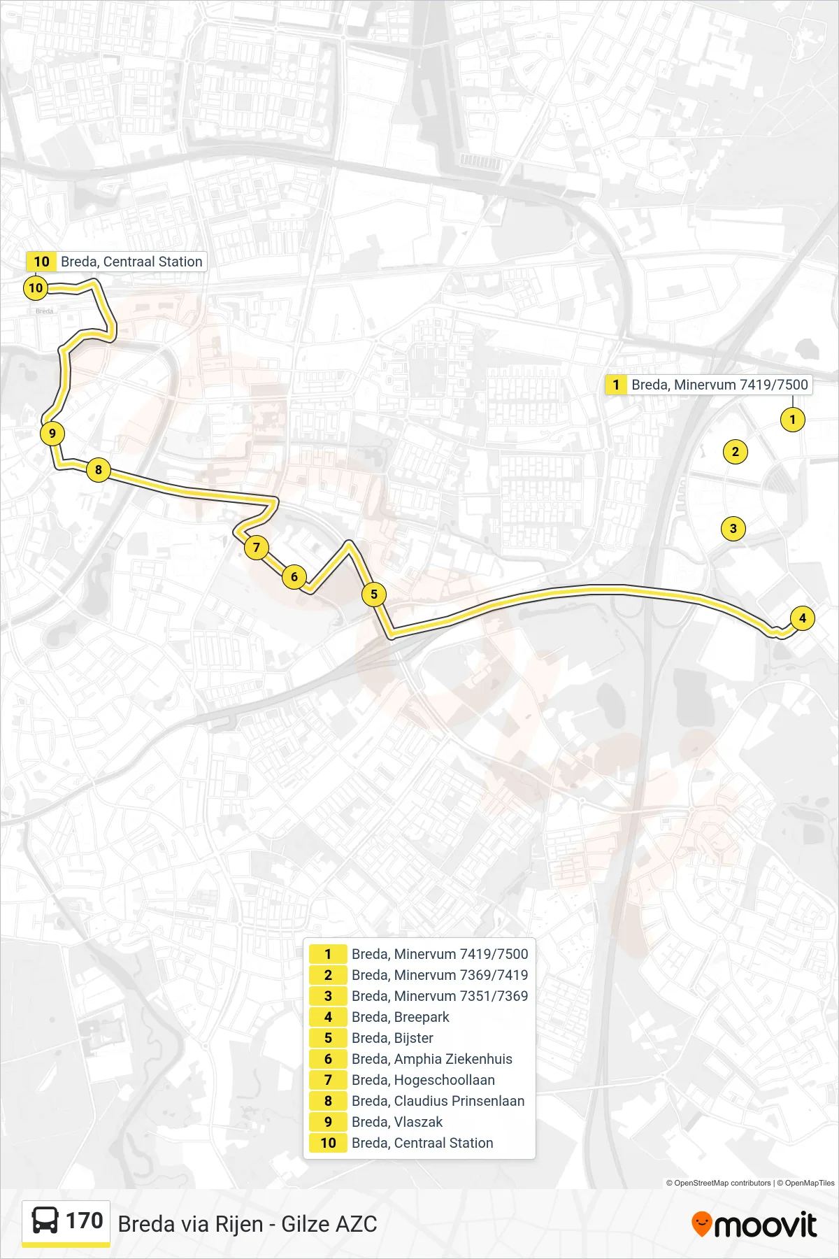 Lijn 170 (bus, Centraal Station): route en haltes op de kaart