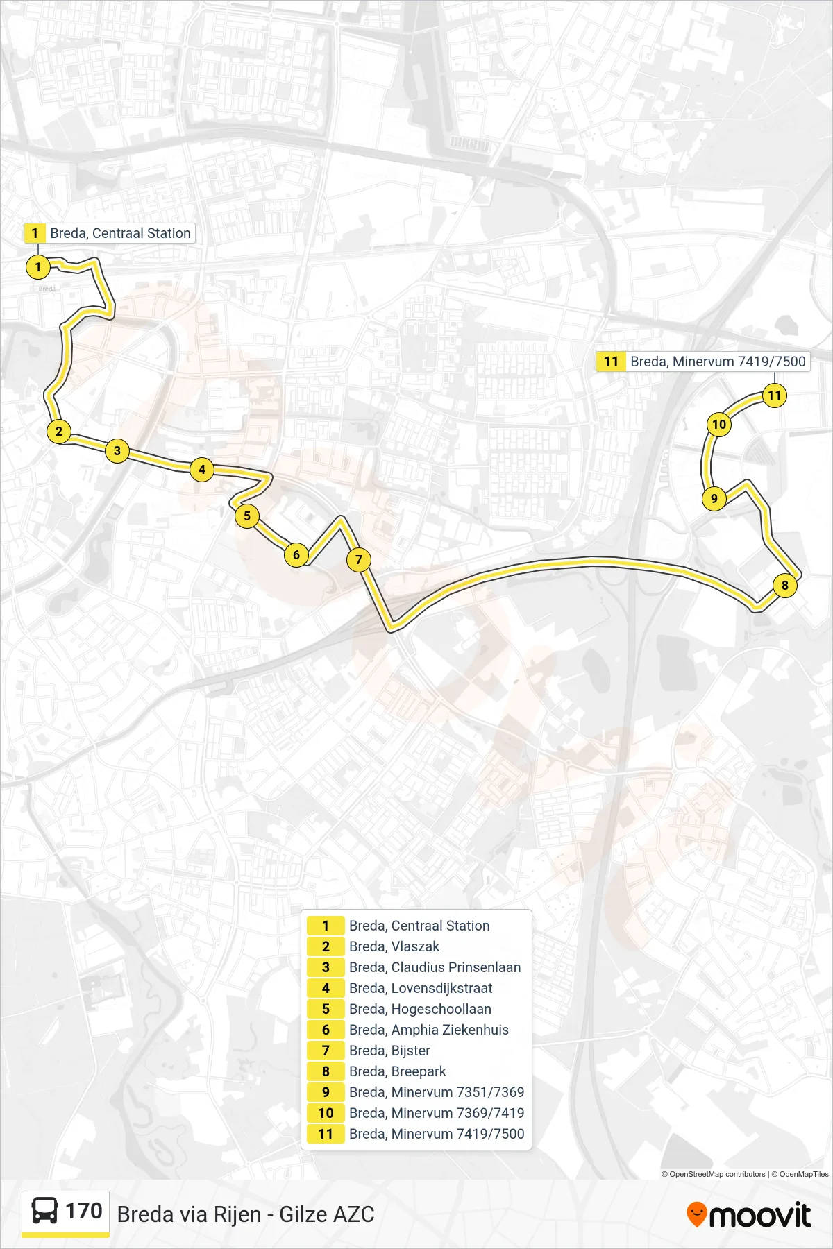 Lijn 170 (bus, Minervum): route en haltes op de kaart