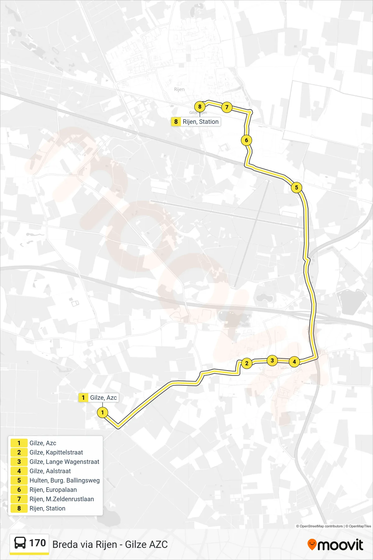 170 bus Line (Rijen) route and stops on a map