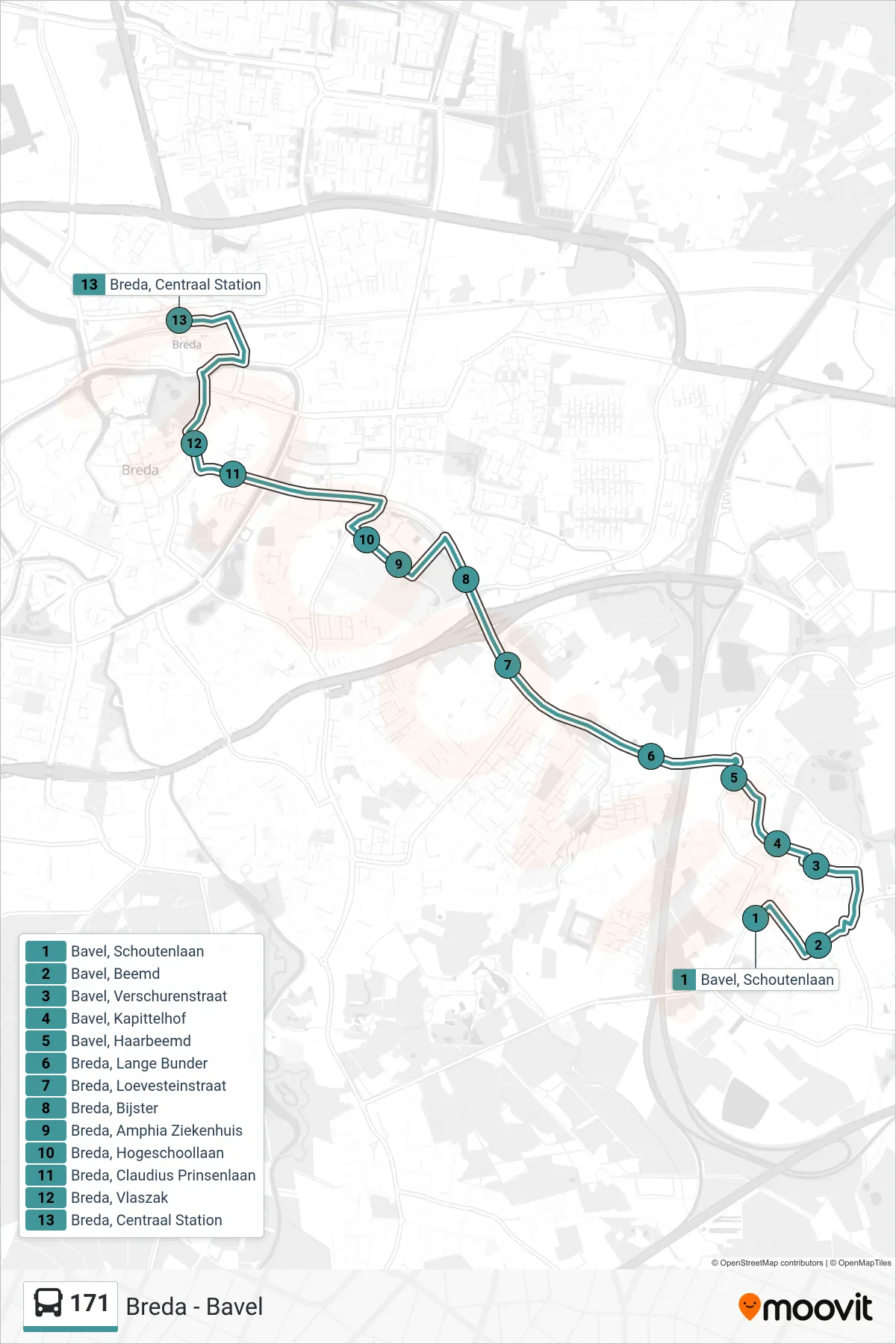 171 bus Line (Breda) route and stops on a map