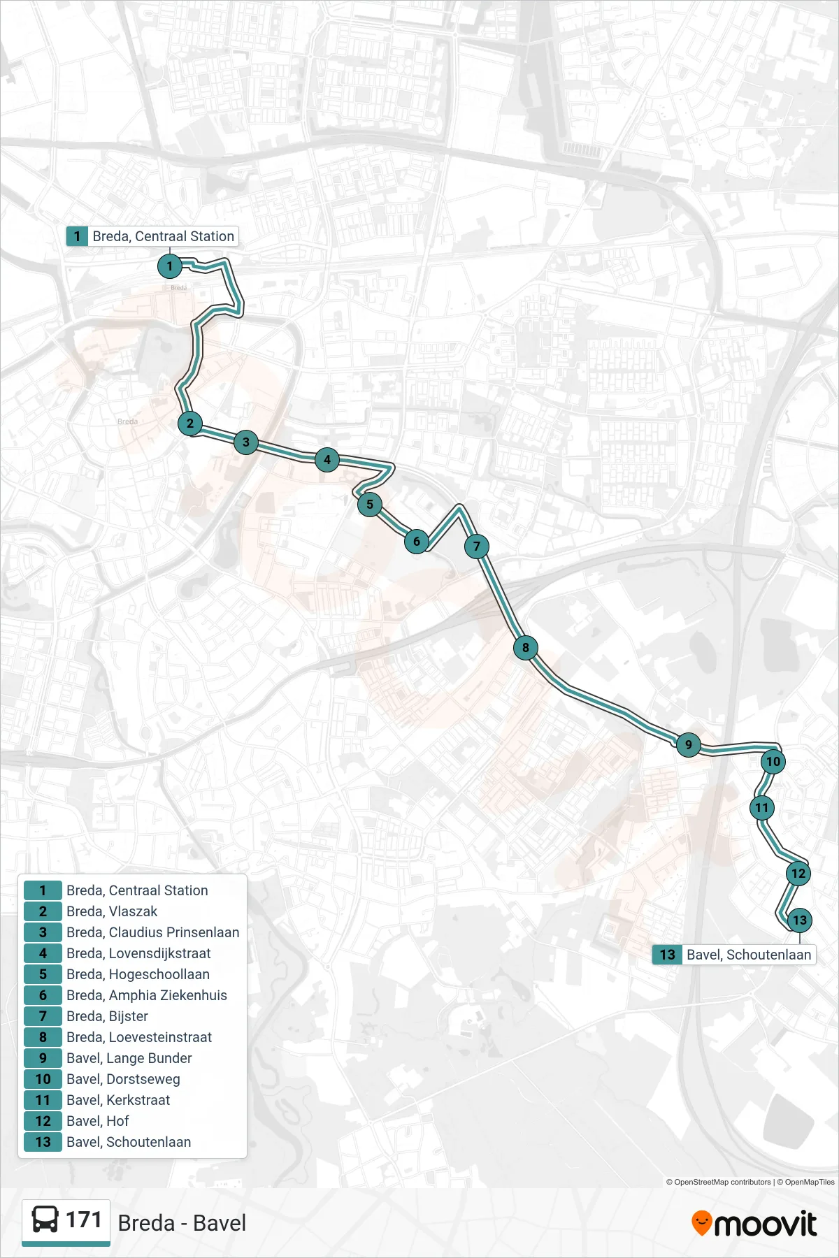 Lijn 171 (bus, Bavel): route en haltes op de kaart