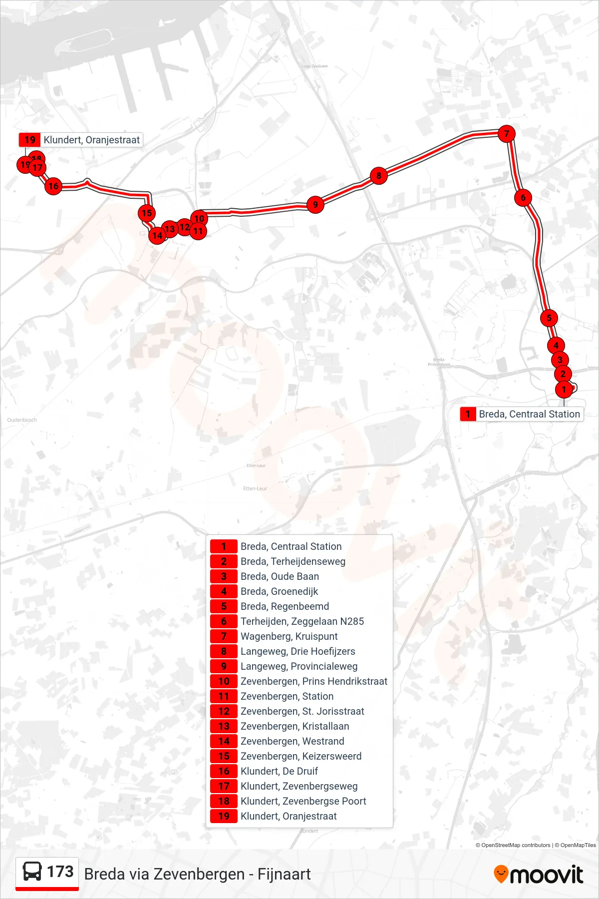 Lijn 173 (bus, Klundert): route en haltes op de kaart