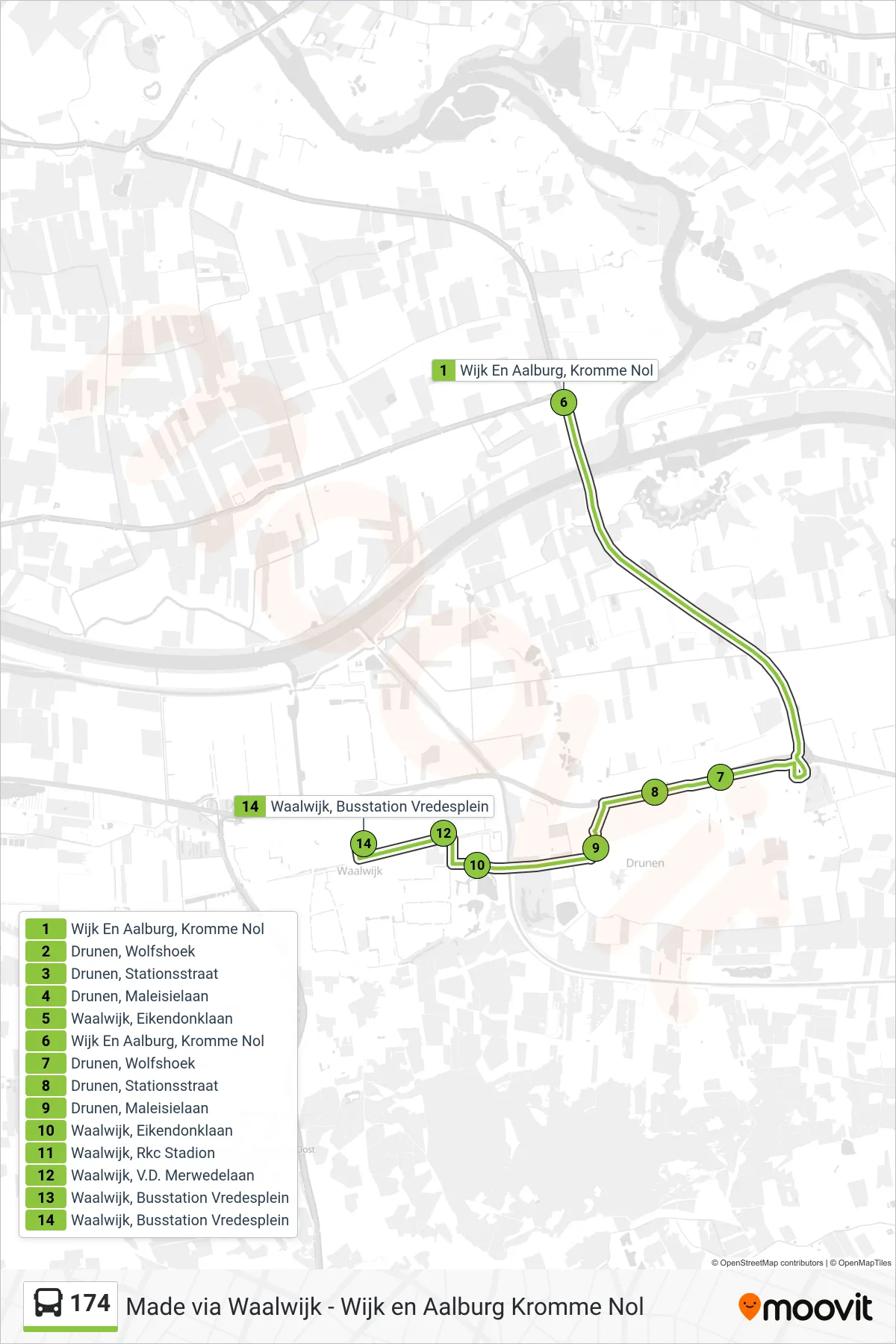 Lijn 174 (bus, Waalwijk): route en haltes op de kaart