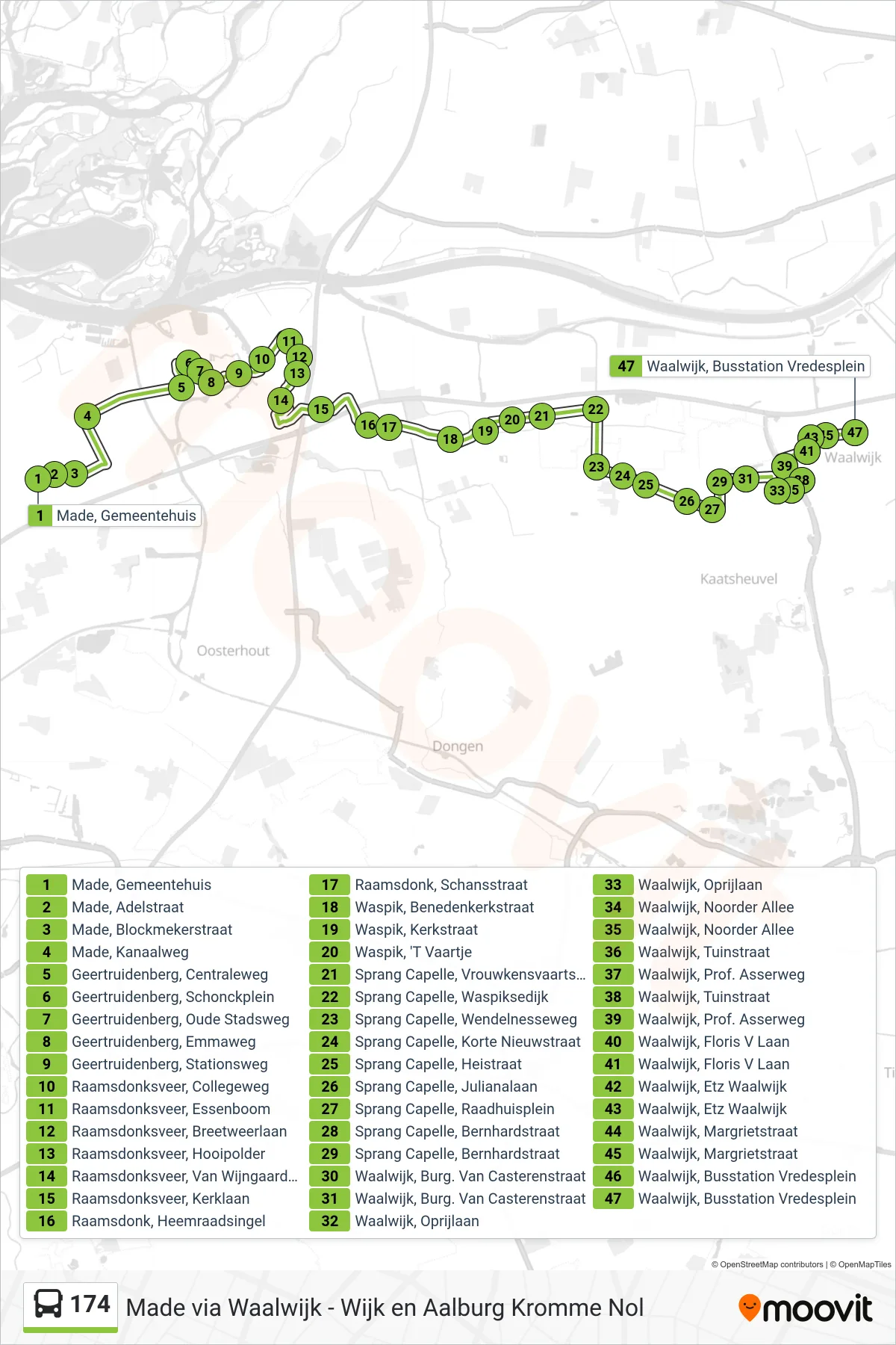 Lijn 174 (bus, Waalwijk): route en haltes op de kaart