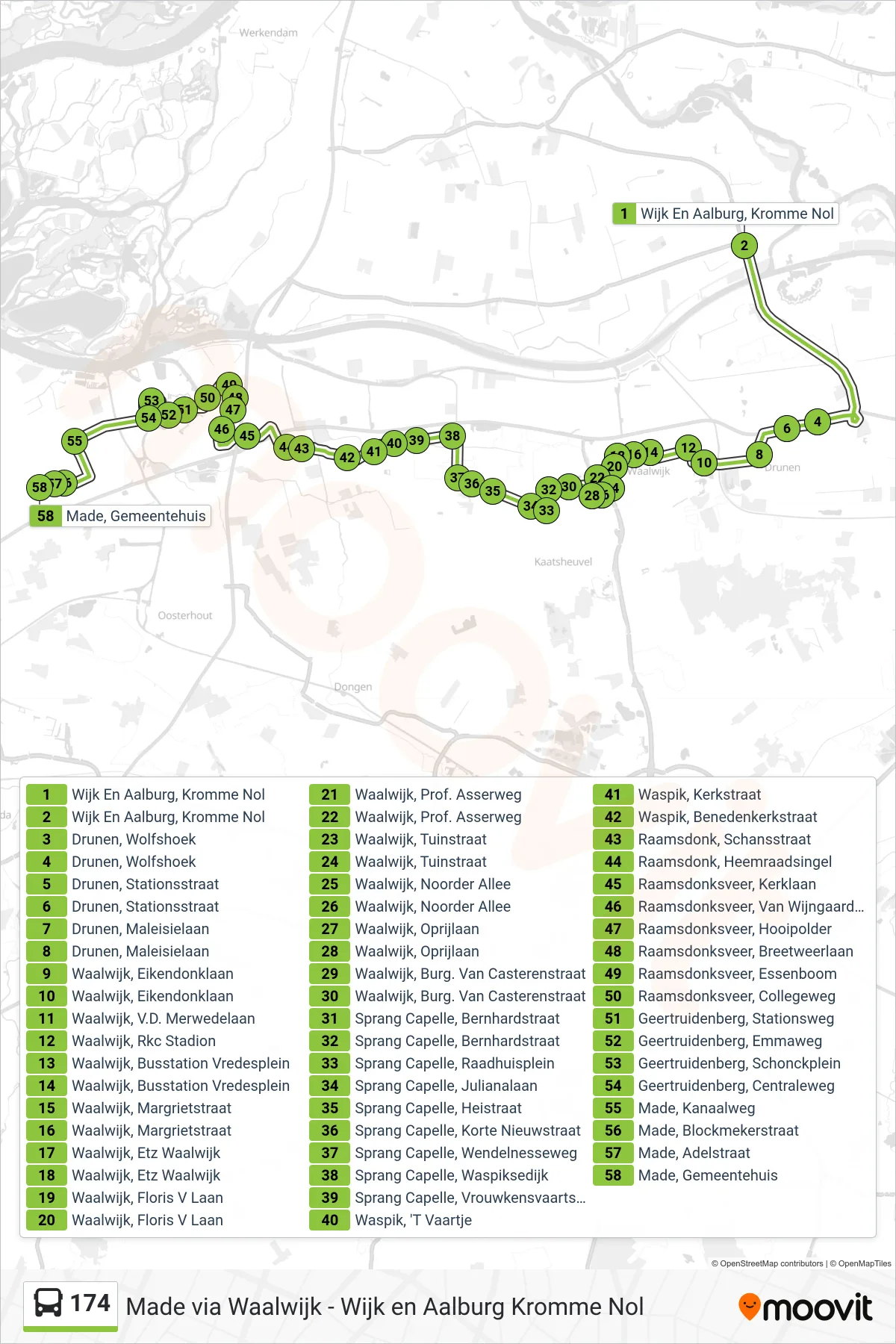 174 bus Line (Made) route and stops on a map