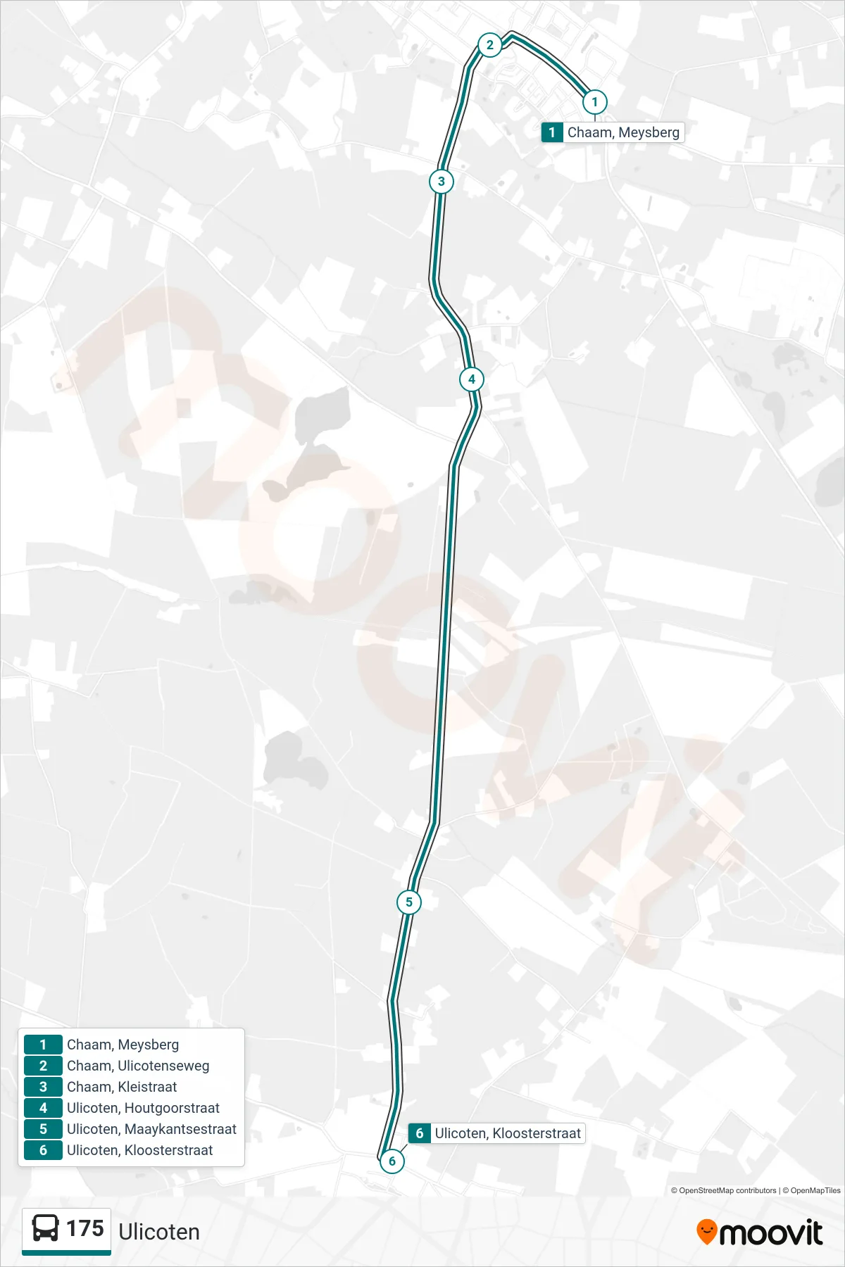 175 bus Line (Ulicoten) route and stops on a map
