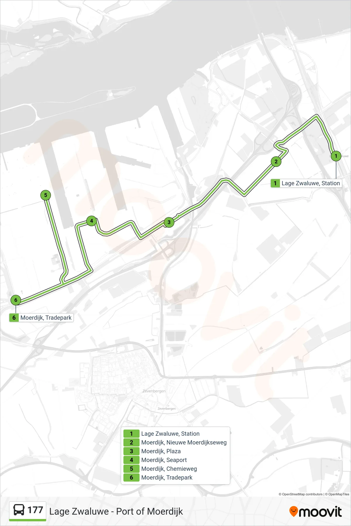 Lijn 177 (bus, Port Of Moerdijk): route en haltes op de kaart