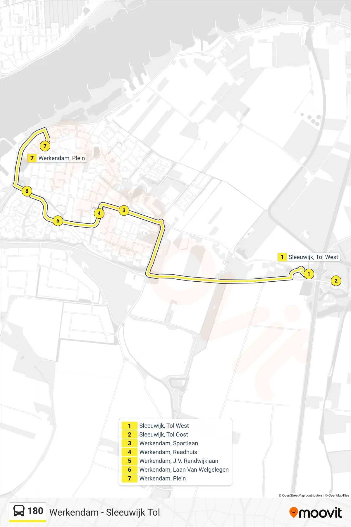 Lijn 180 (bus, Werkendam): route en haltes op de kaart