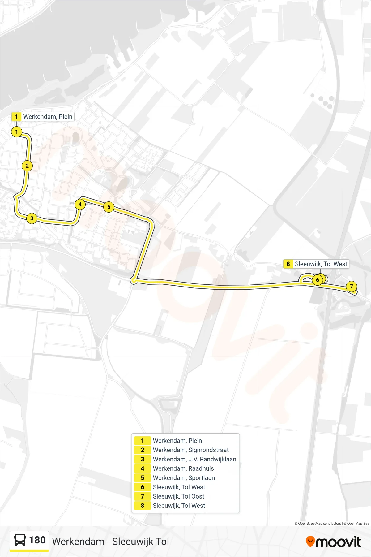Lijn 180 (bus, Sleeuwijk Tol): route en haltes op de kaart
