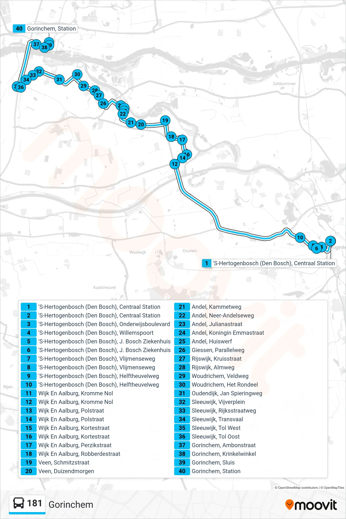 Lijn 181 (bus, Gorinchem): route en haltes op de kaart