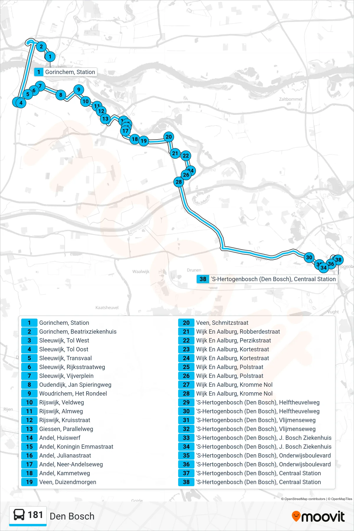 181 bus Line (Den Bosch) route and stops on a map