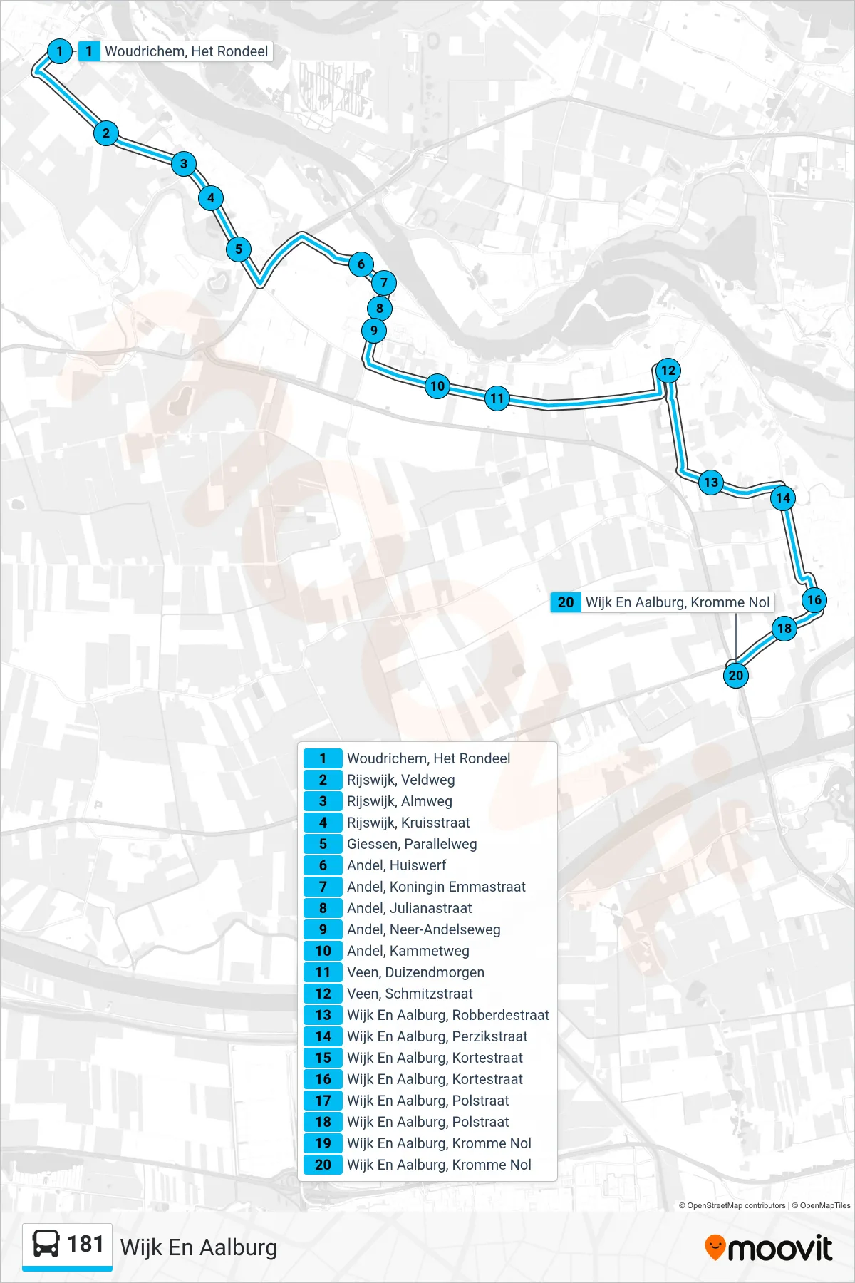 Lijn 181 (bus, Wijk En Aalburg): route en haltes op de kaart