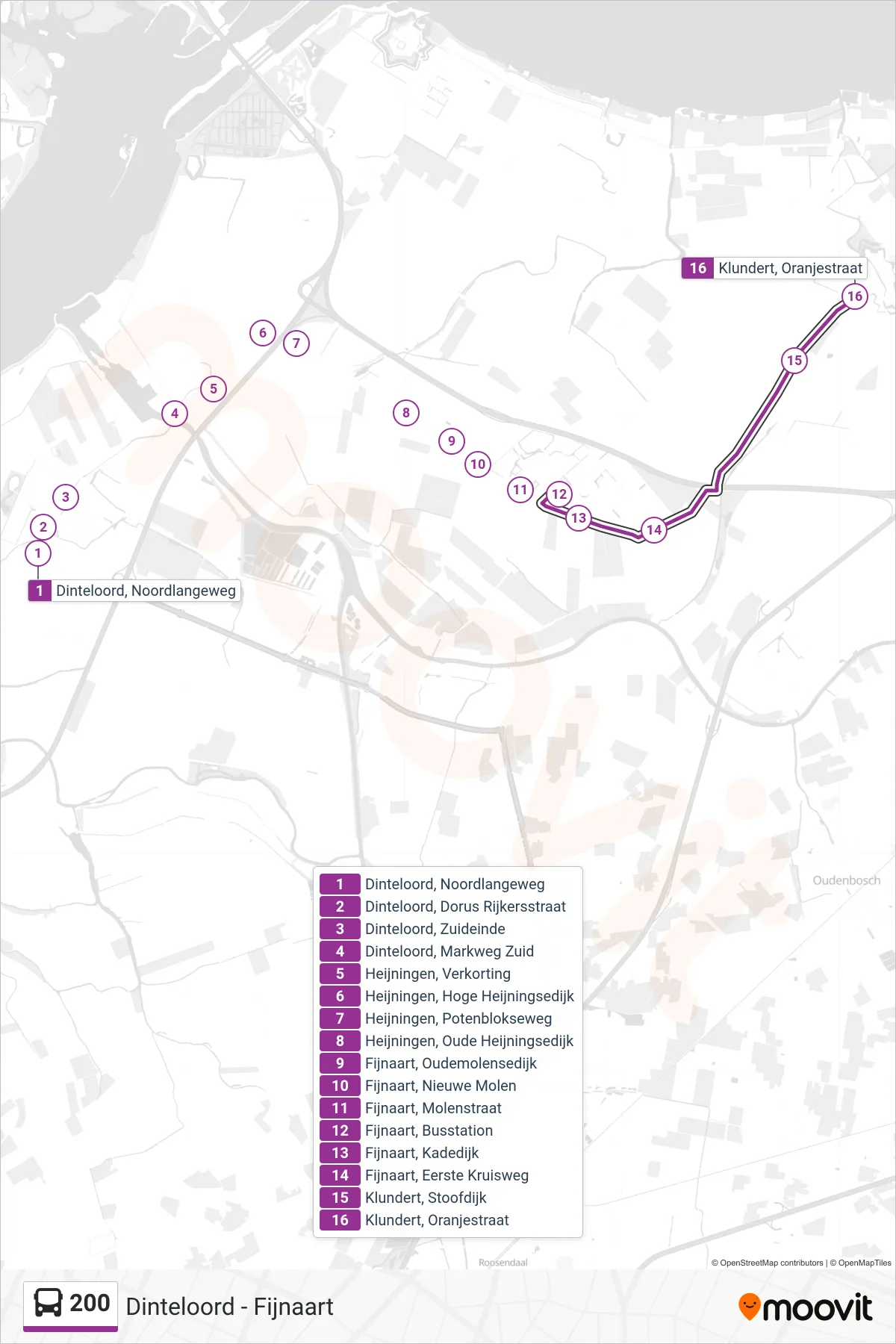 Lijn 200 (bus, Klundert): route en haltes op de kaart