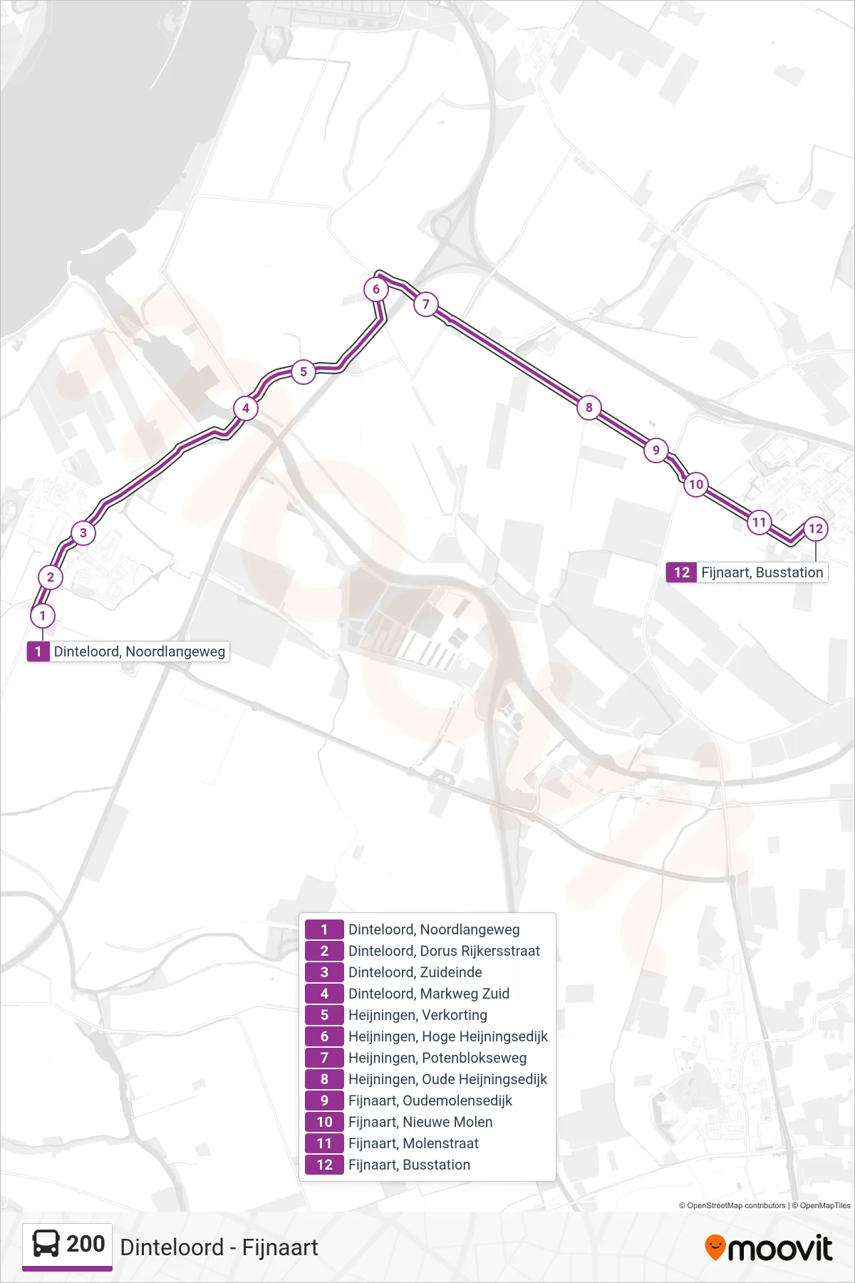 Lijn 200 (bus, Fijnaart): route en haltes op de kaart