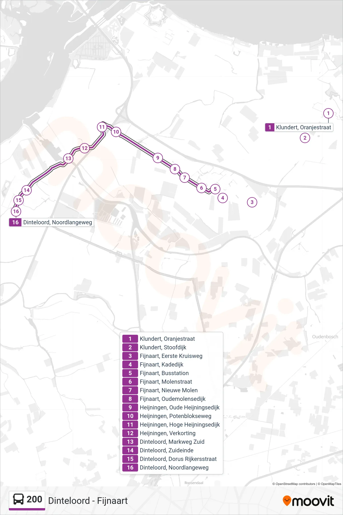 Lijn 200 (bus, Dinteloord): route en haltes op de kaart