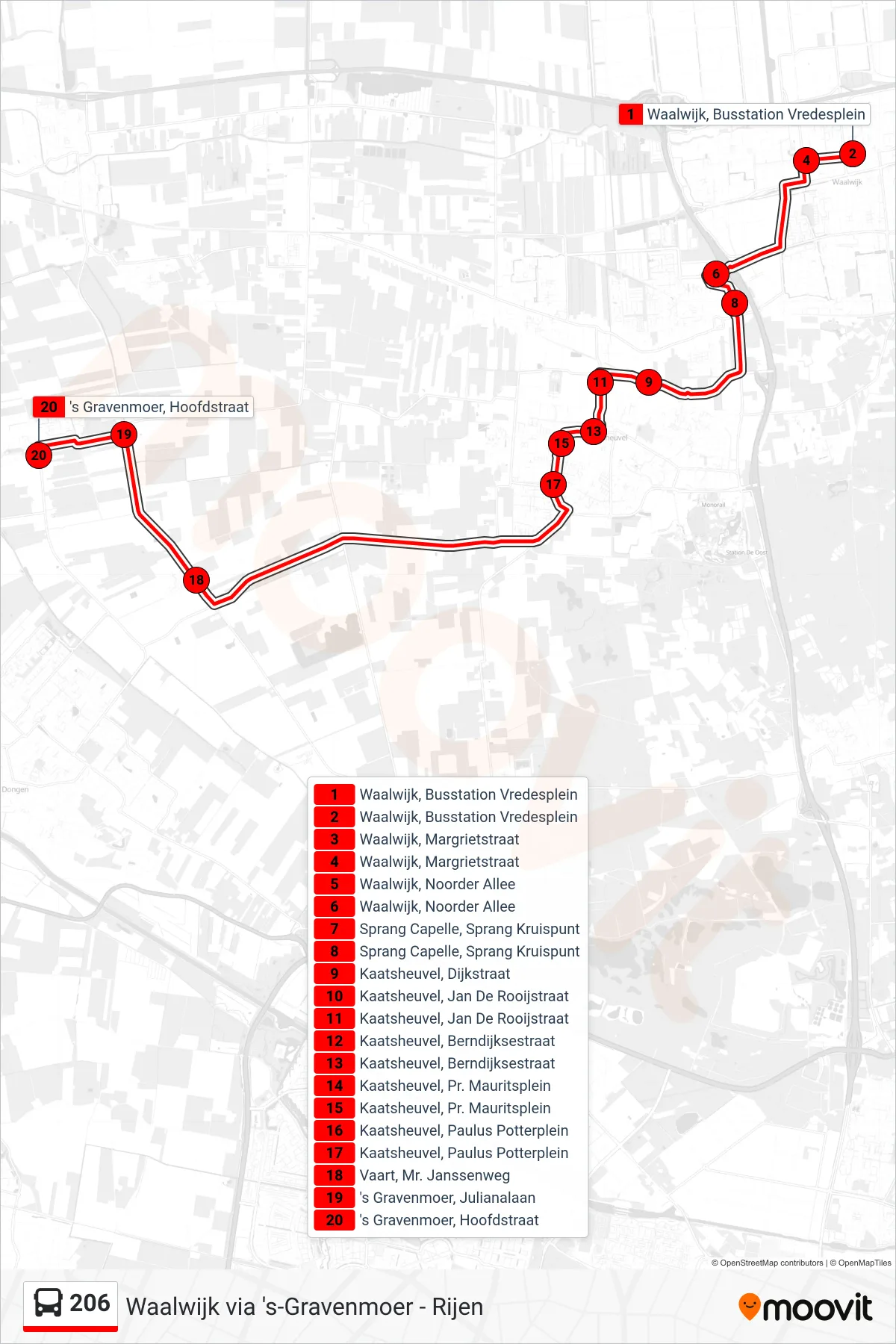 Lijn 206 (bus, 'S-Gravenmoer): route en haltes op de kaart