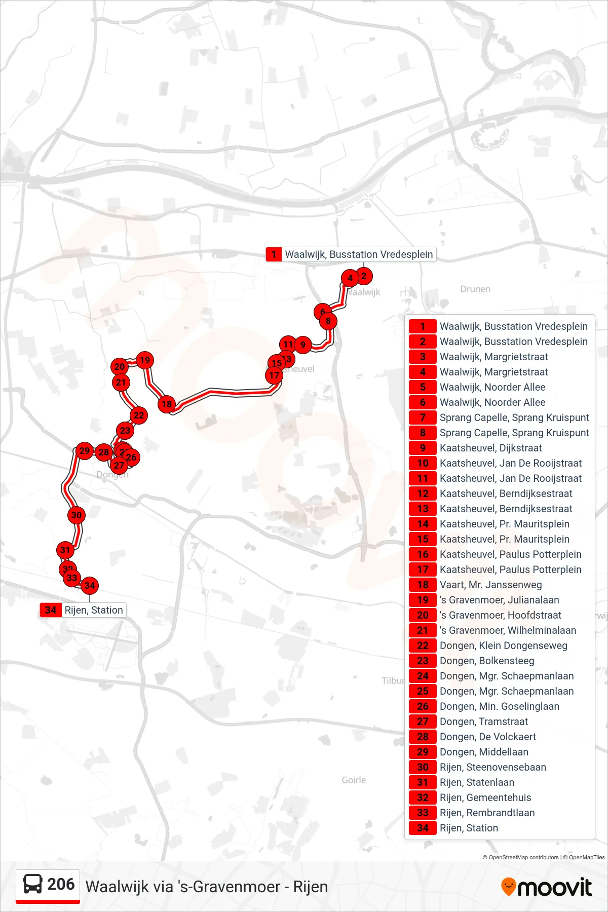 Lijn 206 (bus, Rijen): route en haltes op de kaart