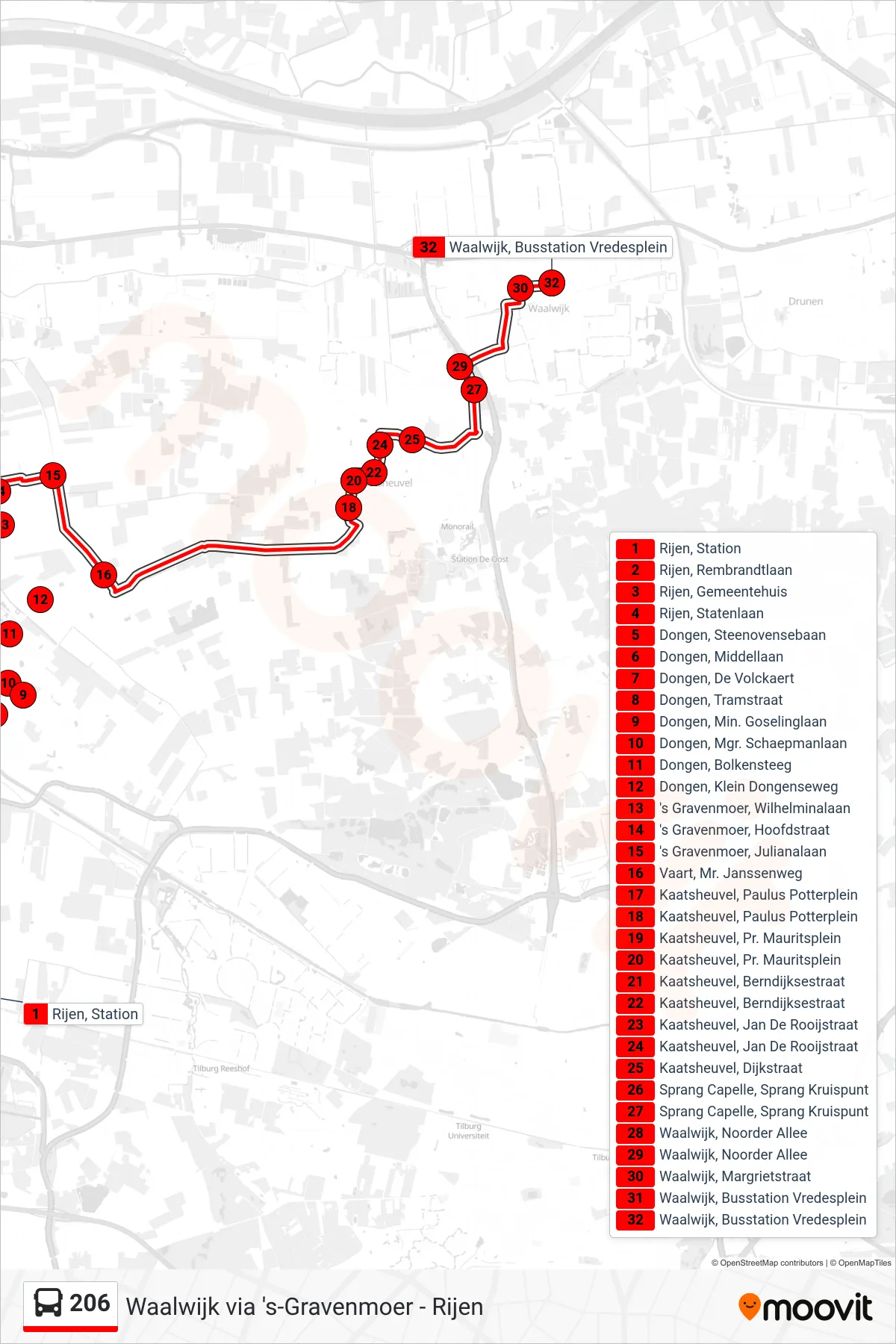 Lijn 206 (bus, Waalwijk): route en haltes op de kaart