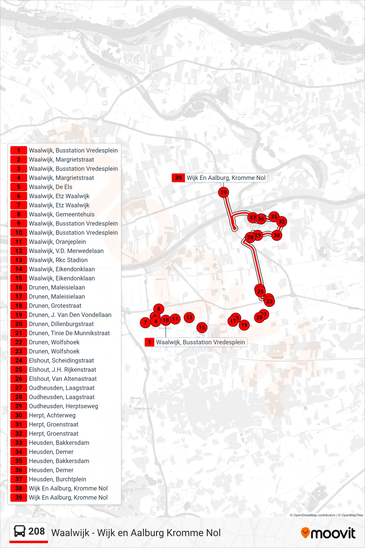 208 bus Line (Kromme Nol) route and stops on a map