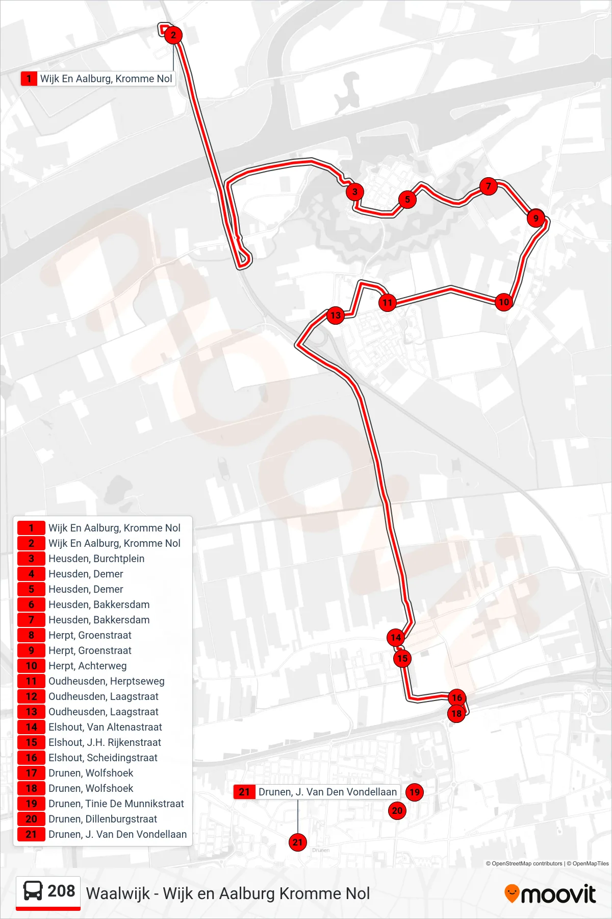 Lijn 208 (bus, Drunen): route en haltes op de kaart